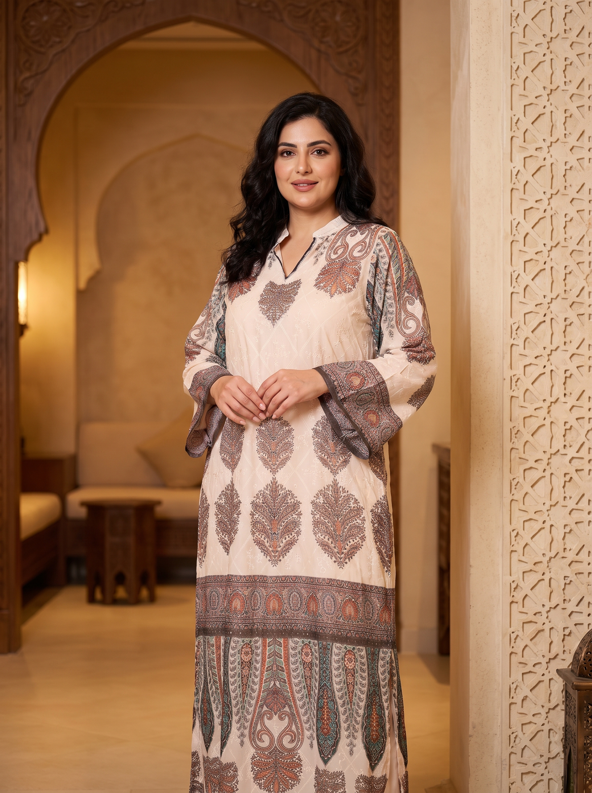 Women’s Cream Paisley Printed & Rhinestone Maxi Kaftan Dress – Elegant Long-Sleeve Festive Abaya