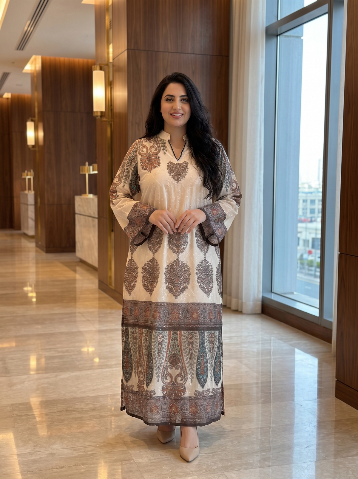 Women’s Cream Paisley Printed & Rhinestone Maxi Kaftan Dress – Elegant Long-Sleeve Festive Abaya