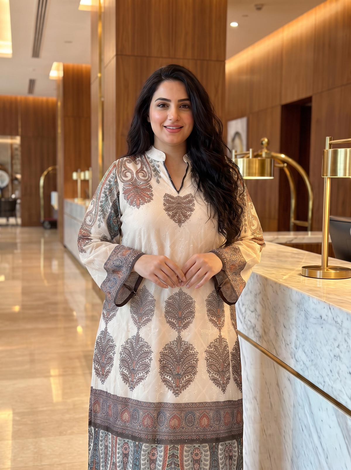 Women’s Cream Paisley Printed & Rhinestone Maxi Kaftan Dress – Elegant Long-Sleeve Festive Abaya