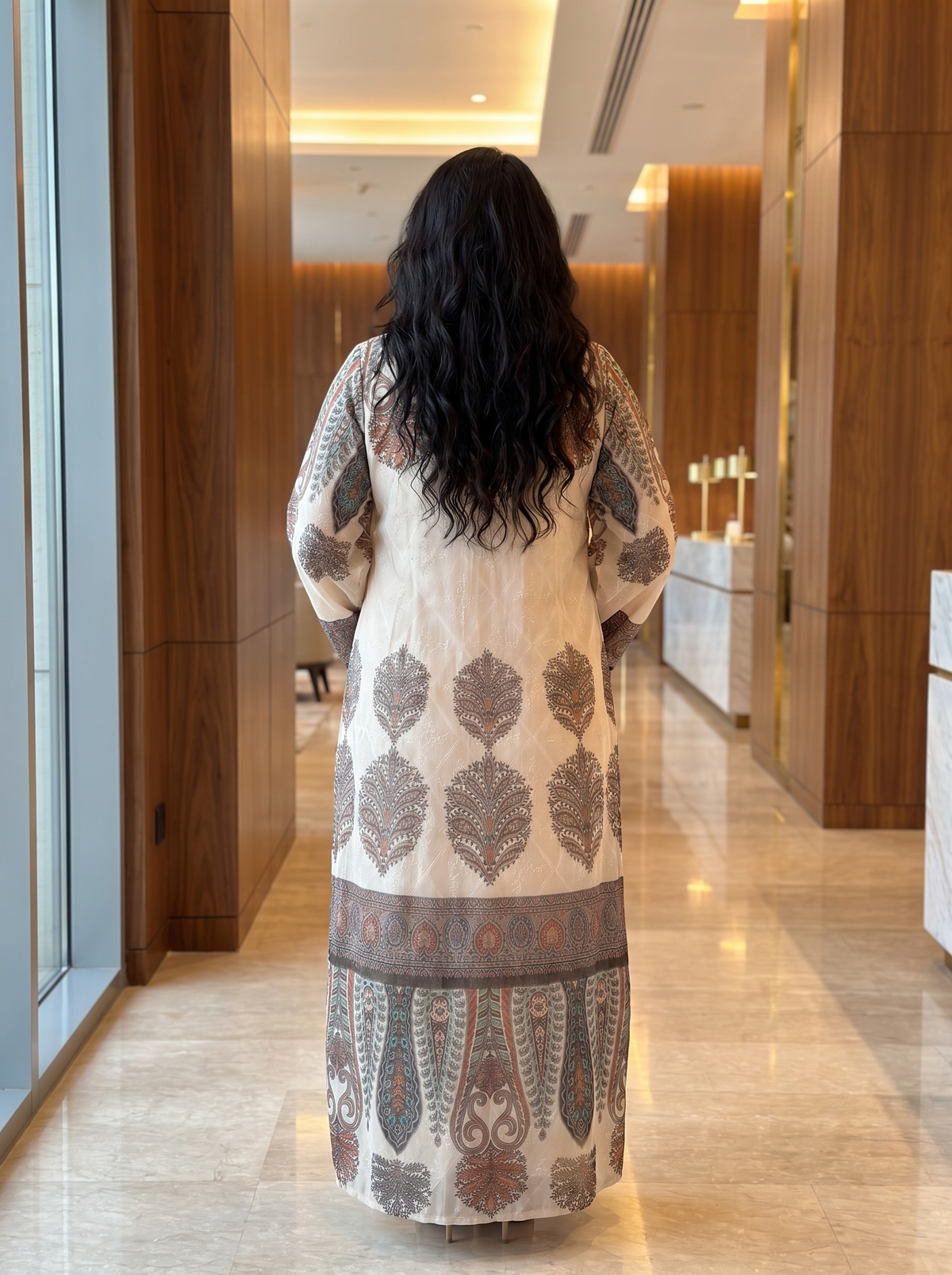 Women’s Cream Paisley Printed & Rhinestone Maxi Kaftan Dress – Elegant Long-Sleeve Festive Abaya