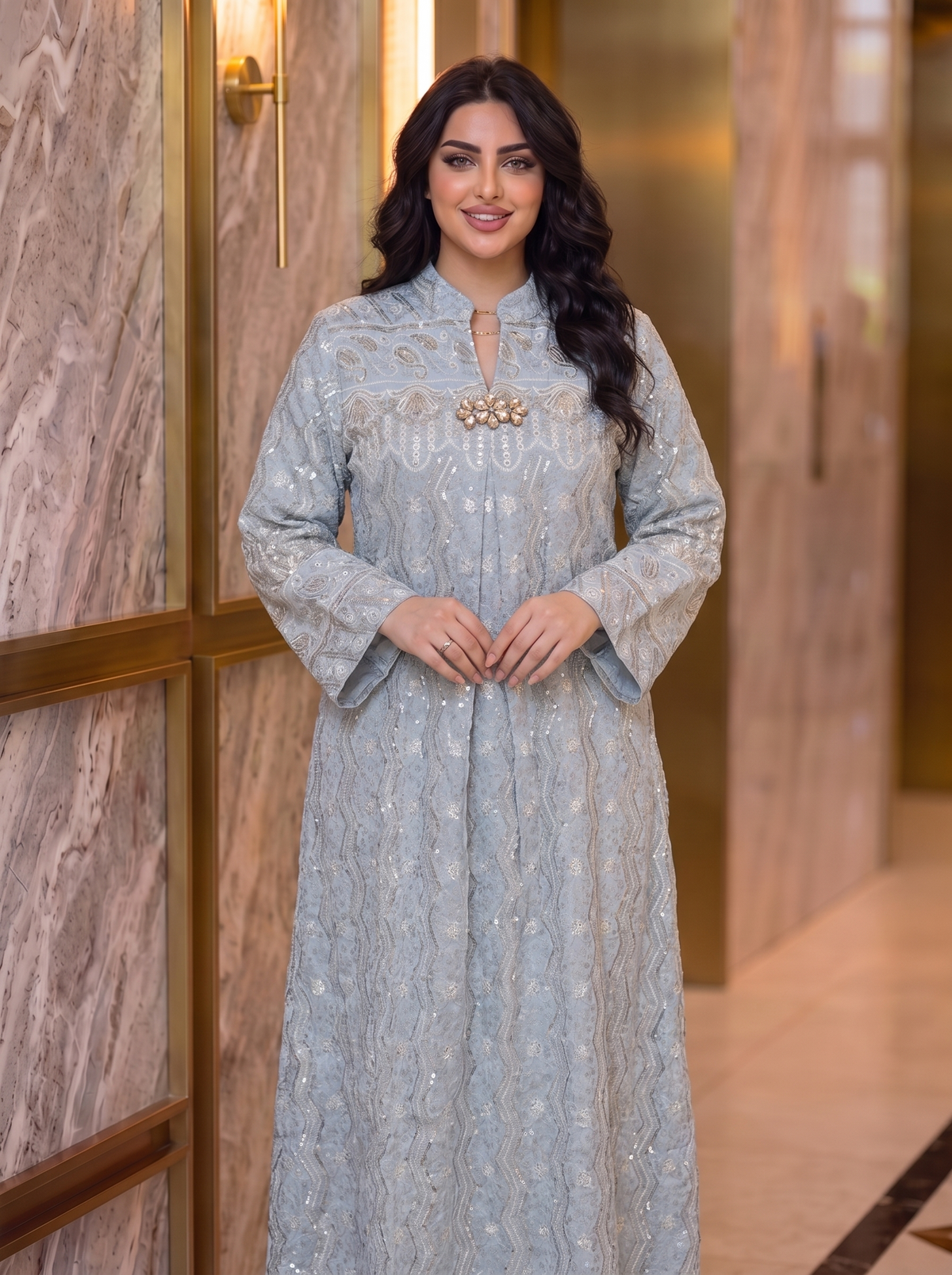 Women’s Light Blue Embroidered & Sequin Maxi Kaftan Dress – Elegant Long-Sleeve Festive Dress