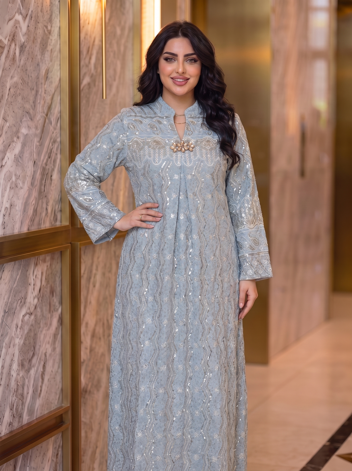 Women’s Light Blue Embroidered & Sequin Maxi Kaftan Dress – Elegant Long-Sleeve Festive Dress