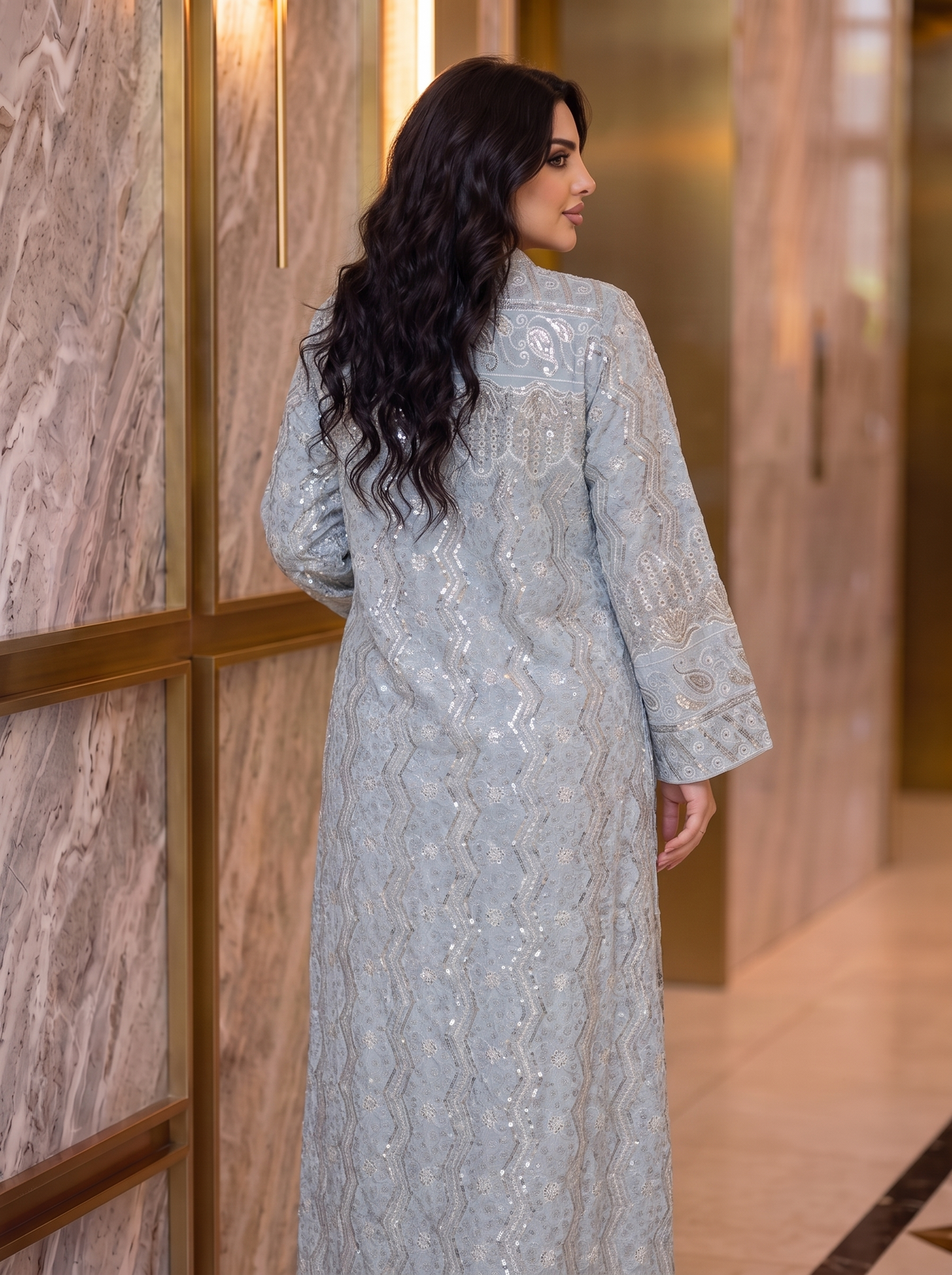 Women’s Light Blue Embroidered & Sequin Maxi Kaftan Dress – Elegant Long-Sleeve Festive Dress