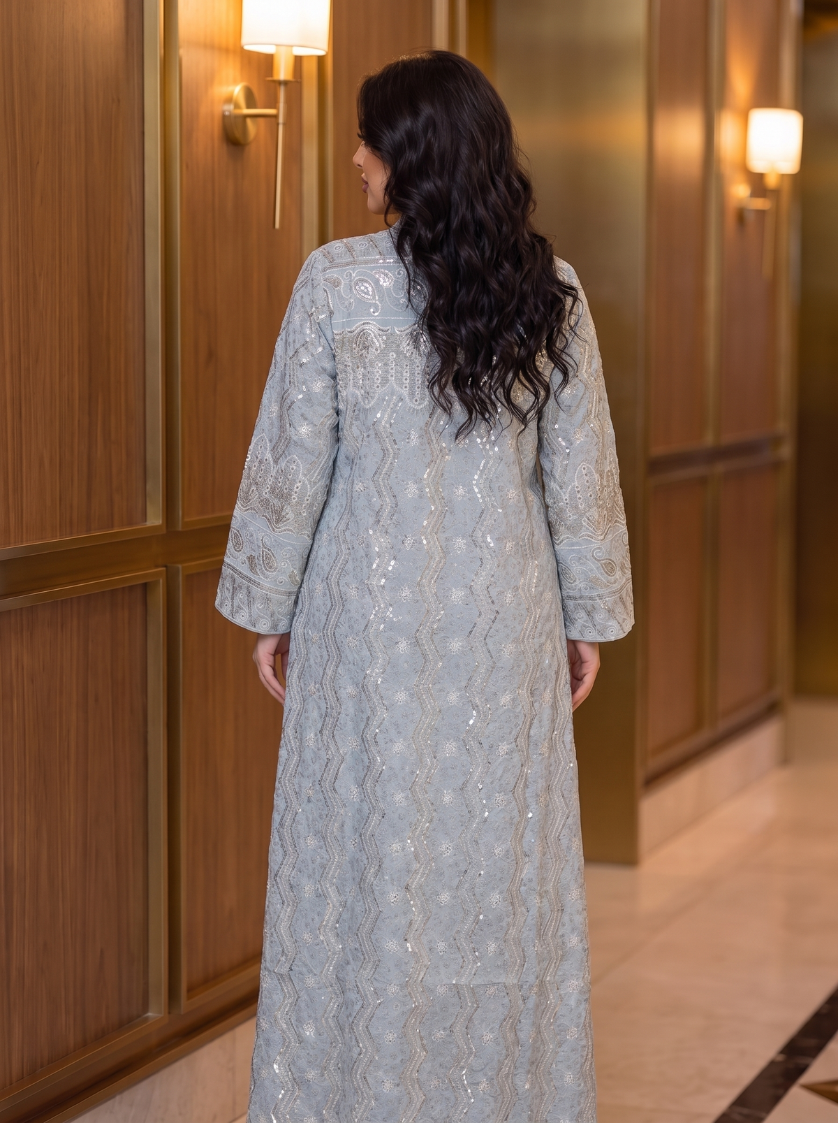 Women’s Light Blue Embroidered & Sequin Maxi Kaftan Dress – Elegant Long-Sleeve Festive Dress