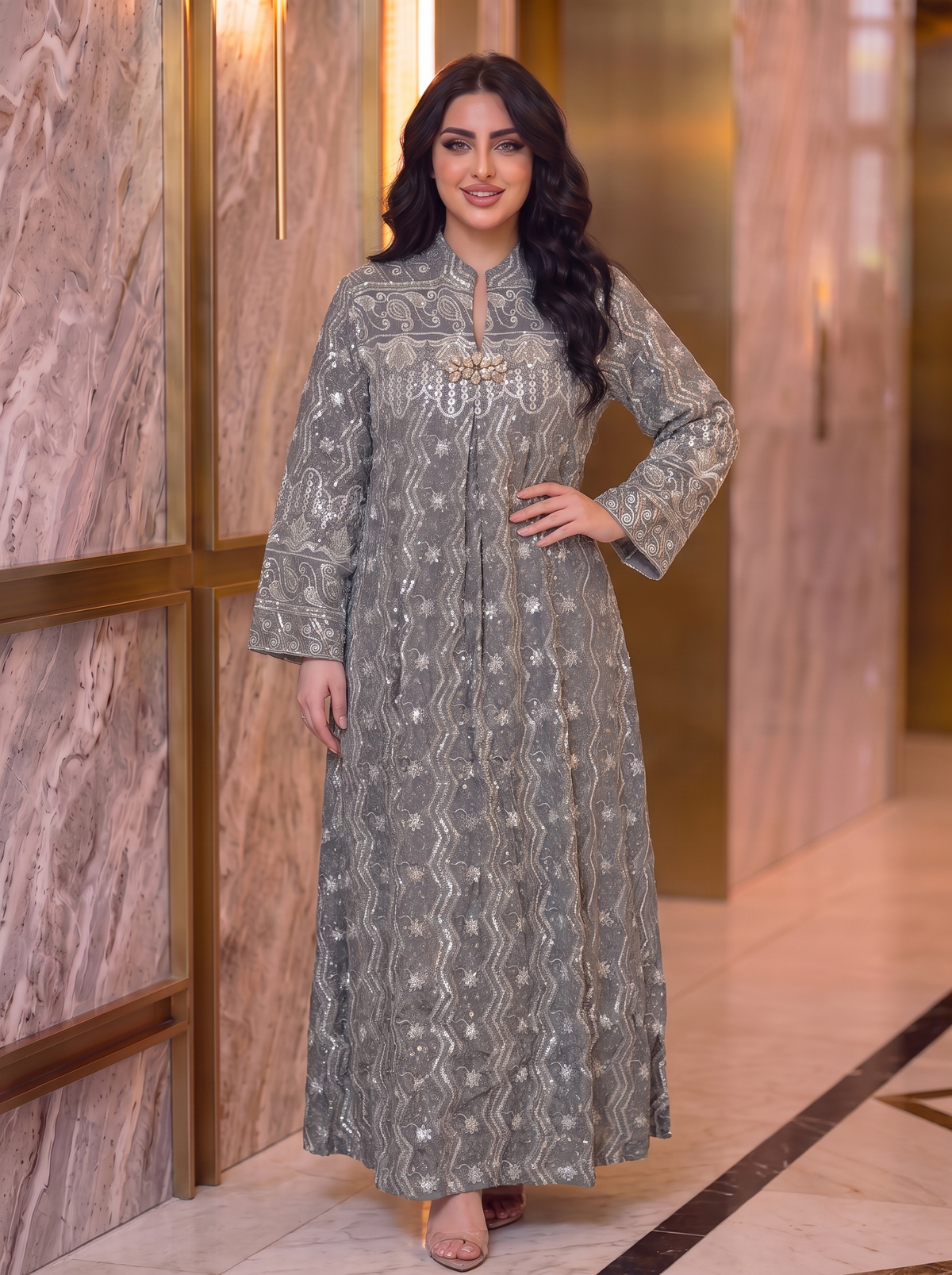 Women’s Grey Embroidered & Sequin Maxi Kaftan Dress – Elegant Long-Sleeve Festive Abaya
