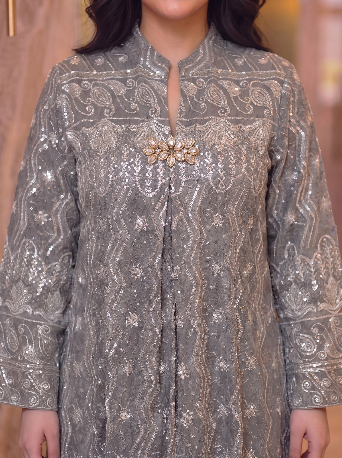 Women’s Grey Embroidered & Sequin Maxi Kaftan Dress – Elegant Long-Sleeve Festive Abaya