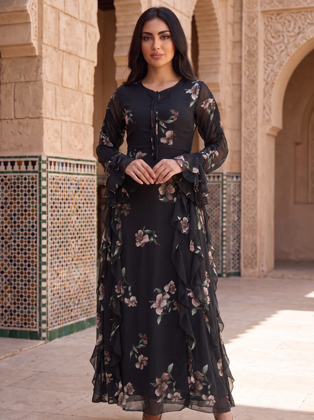 Black Floral Ruffle Maxi Dress – Elegant Long Sleeve Chiffon Gown