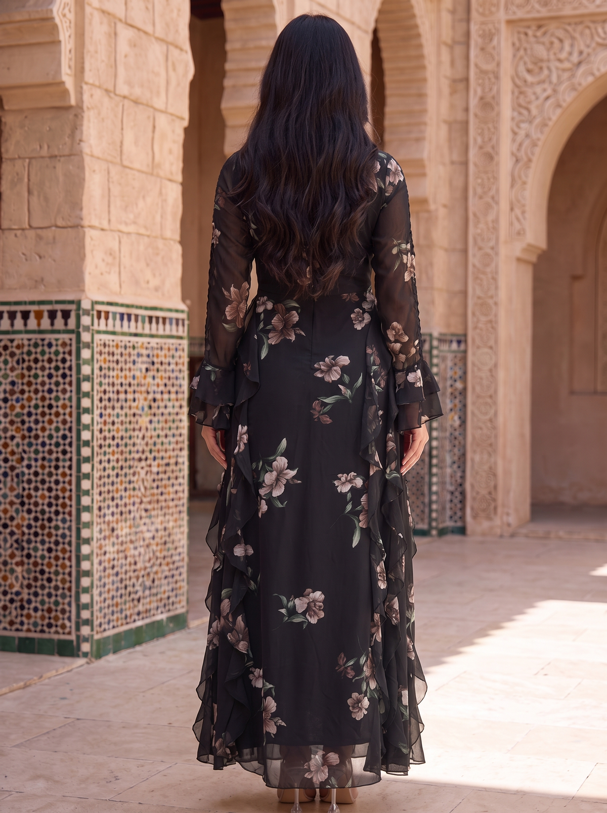 Black Floral Ruffle Maxi Dress – Elegant Long Sleeve Chiffon Gown