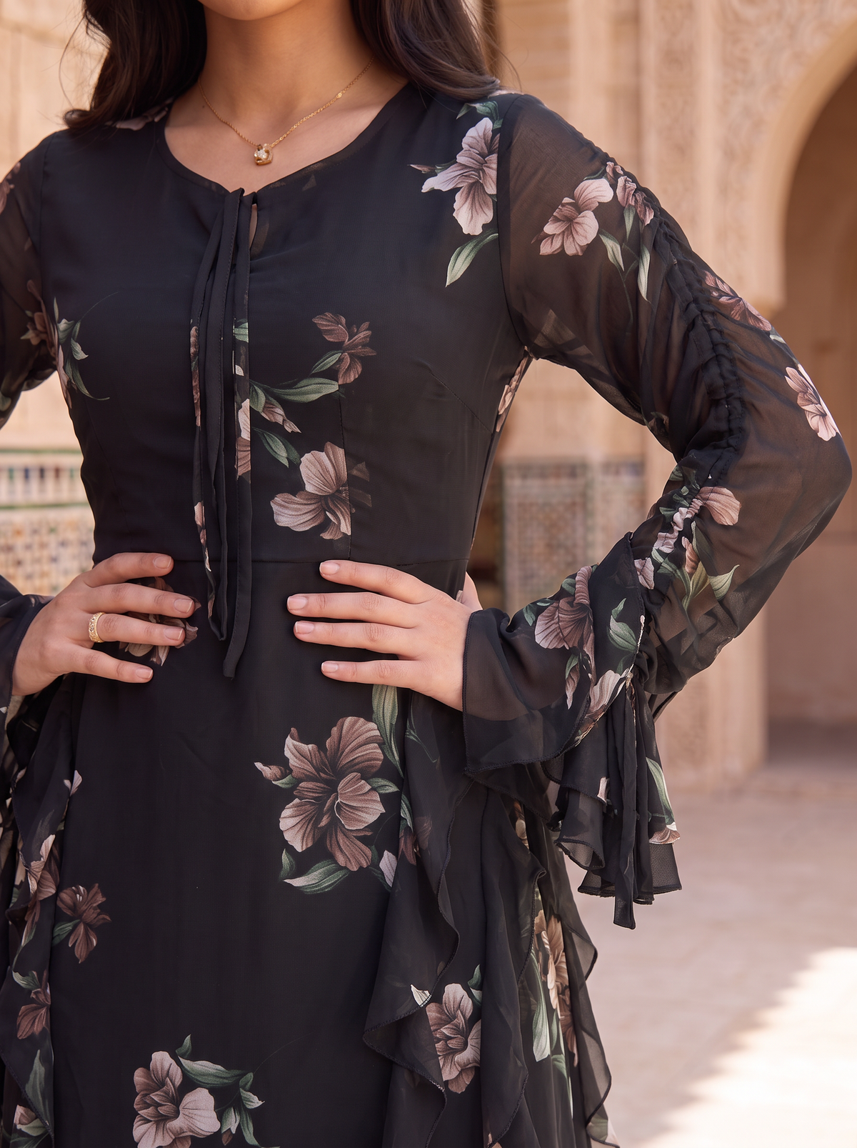 Black Floral Ruffle Maxi Dress – Elegant Long Sleeve Chiffon Gown