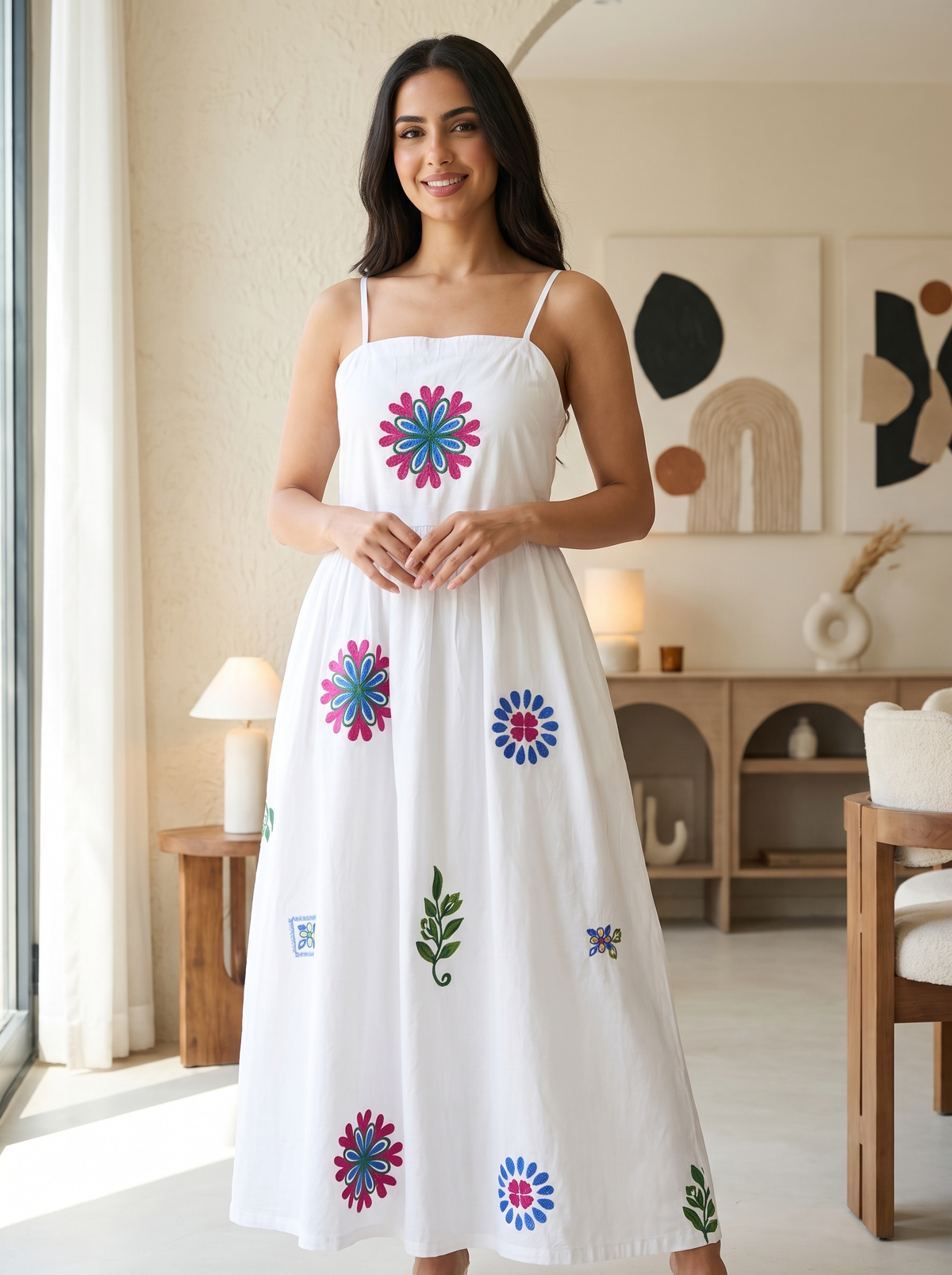 Women’s White Cotton Embroidered Cami Maxi Dress – Sleeveless Floral Detailed Summer Sundress