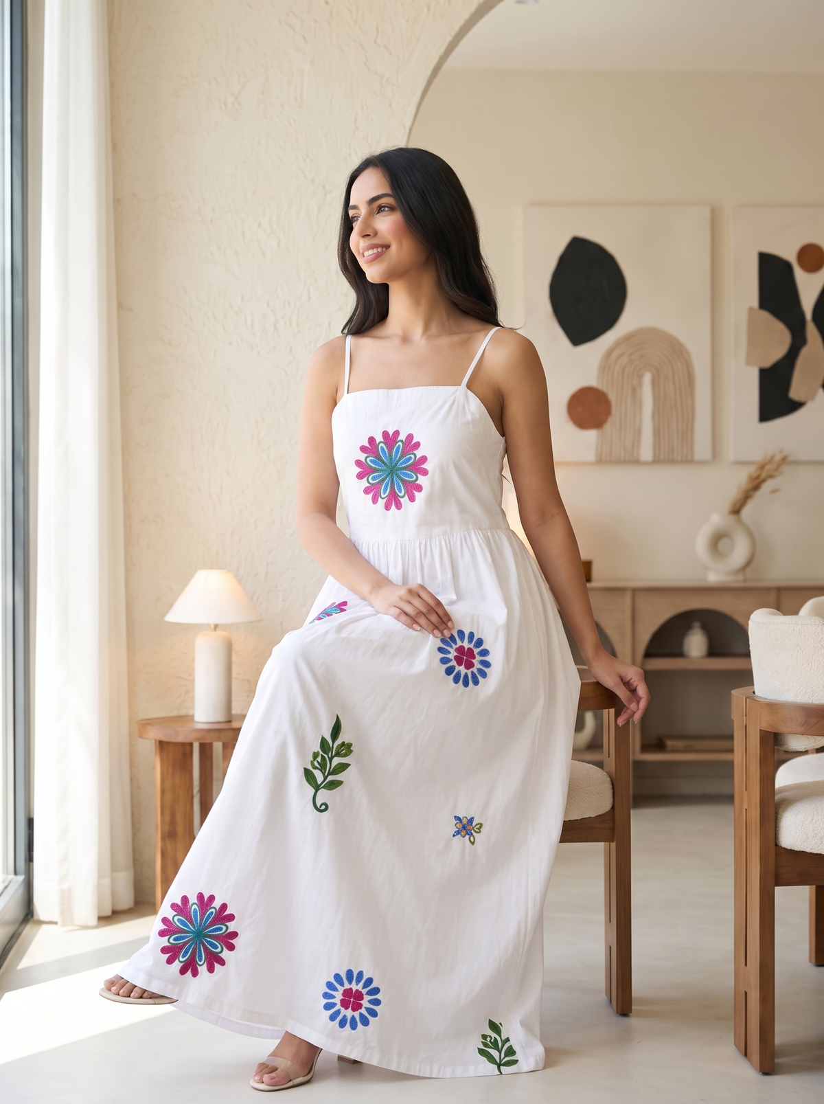Women’s White Cotton Embroidered Cami Maxi Dress – Sleeveless Floral Detailed Summer Sundress