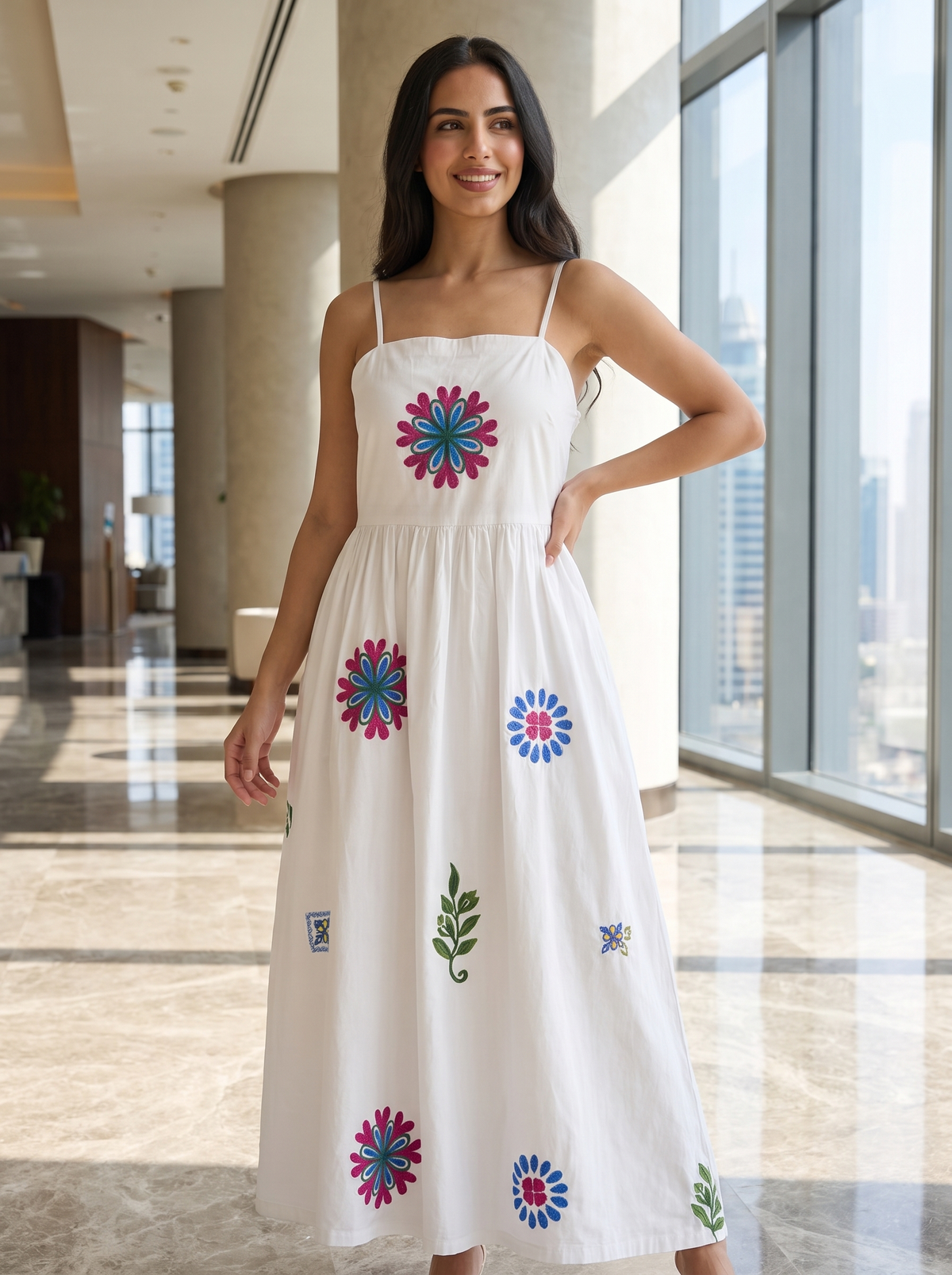 Women’s White Cotton Embroidered Cami Maxi Dress – Sleeveless Floral Detailed Summer Sundress