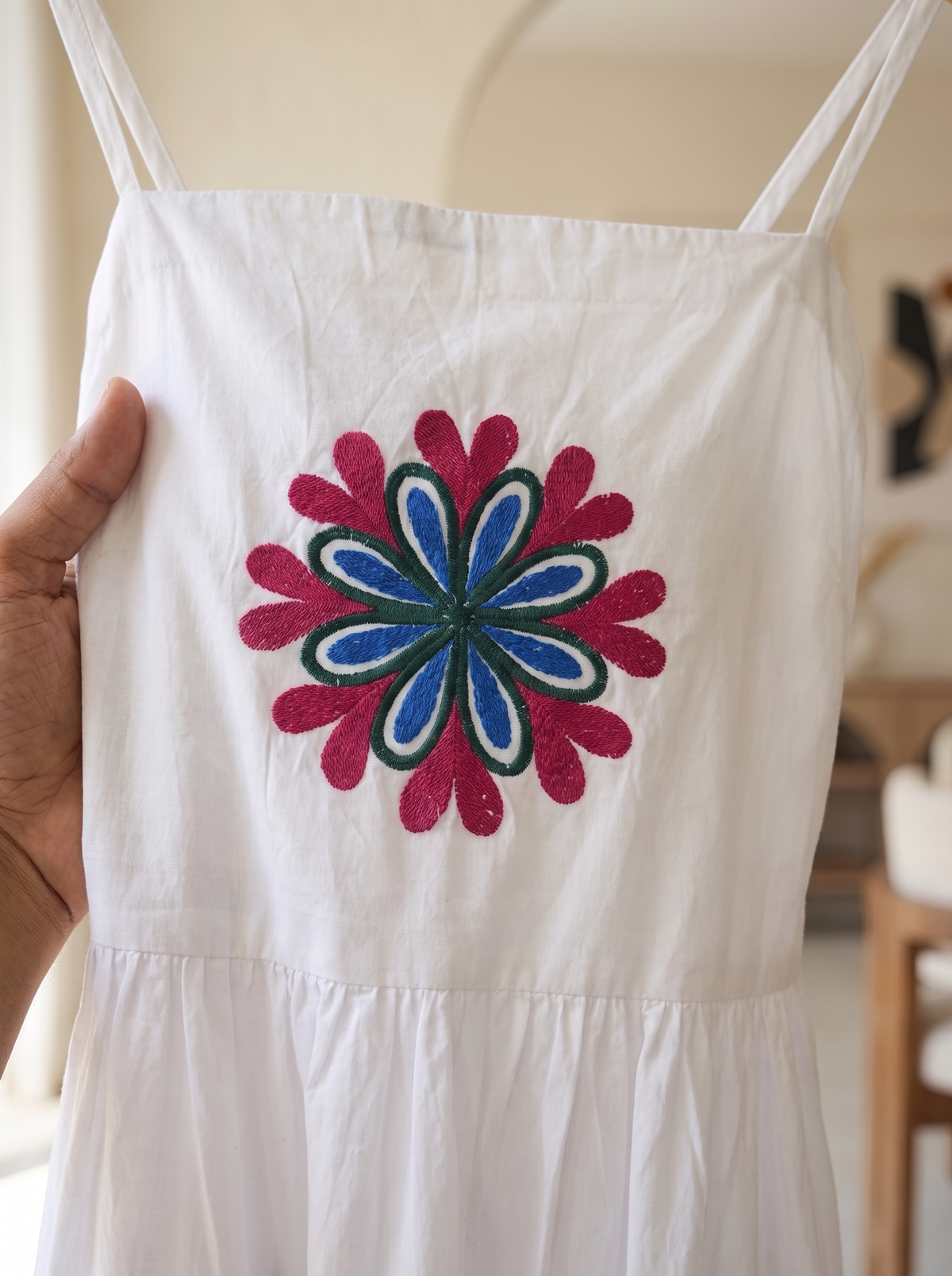 Women’s White Cotton Embroidered Cami Maxi Dress – Sleeveless Floral Detailed Summer Sundress