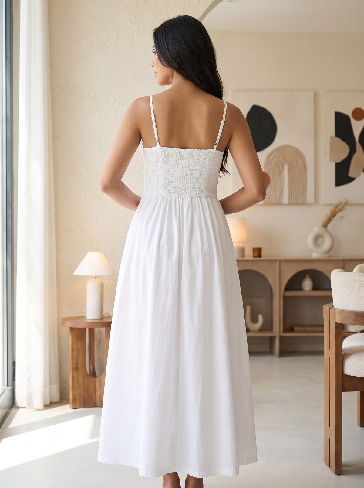 Women’s White Cotton Embroidered Cami Maxi Dress – Sleeveless Floral Detailed Summer Sundress