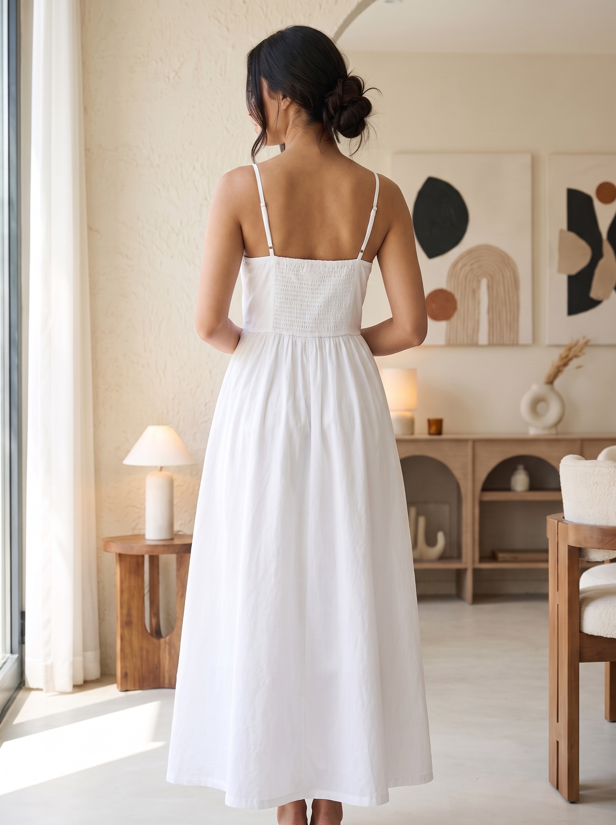 Women’s White Cotton Embroidered Cami Maxi Dress – Sleeveless Floral Detailed Summer Sundress