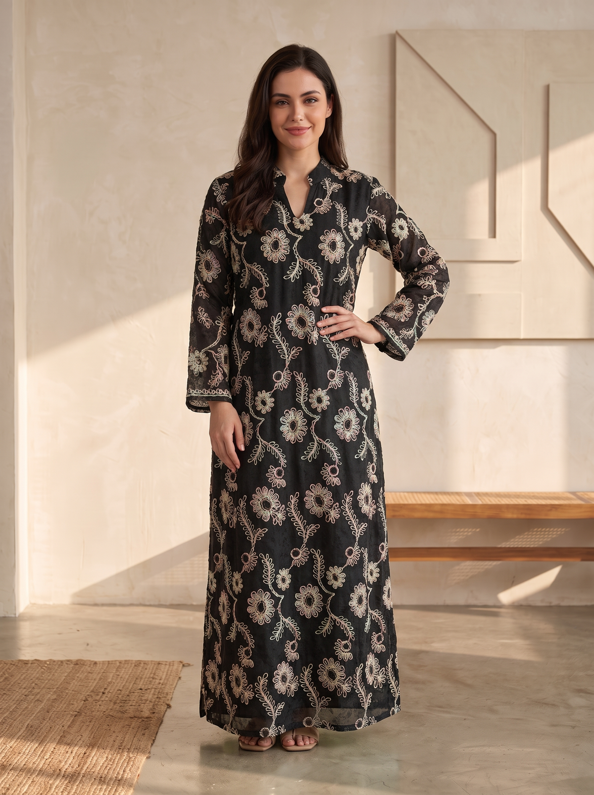 Women’s Black Floral Embroidered & Sequin Lace Maxi Kaftan Dress – Elegant Long-Sleeve Festive Abaya