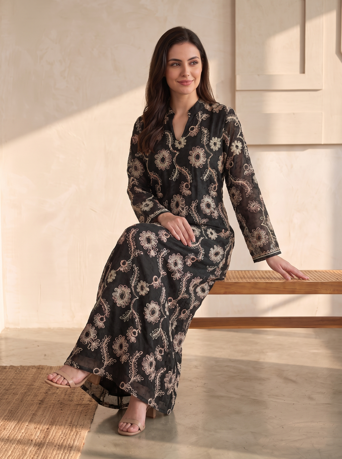 Women’s Black Floral Embroidered & Sequin Lace Maxi Kaftan Dress – Elegant Long-Sleeve Festive Abaya