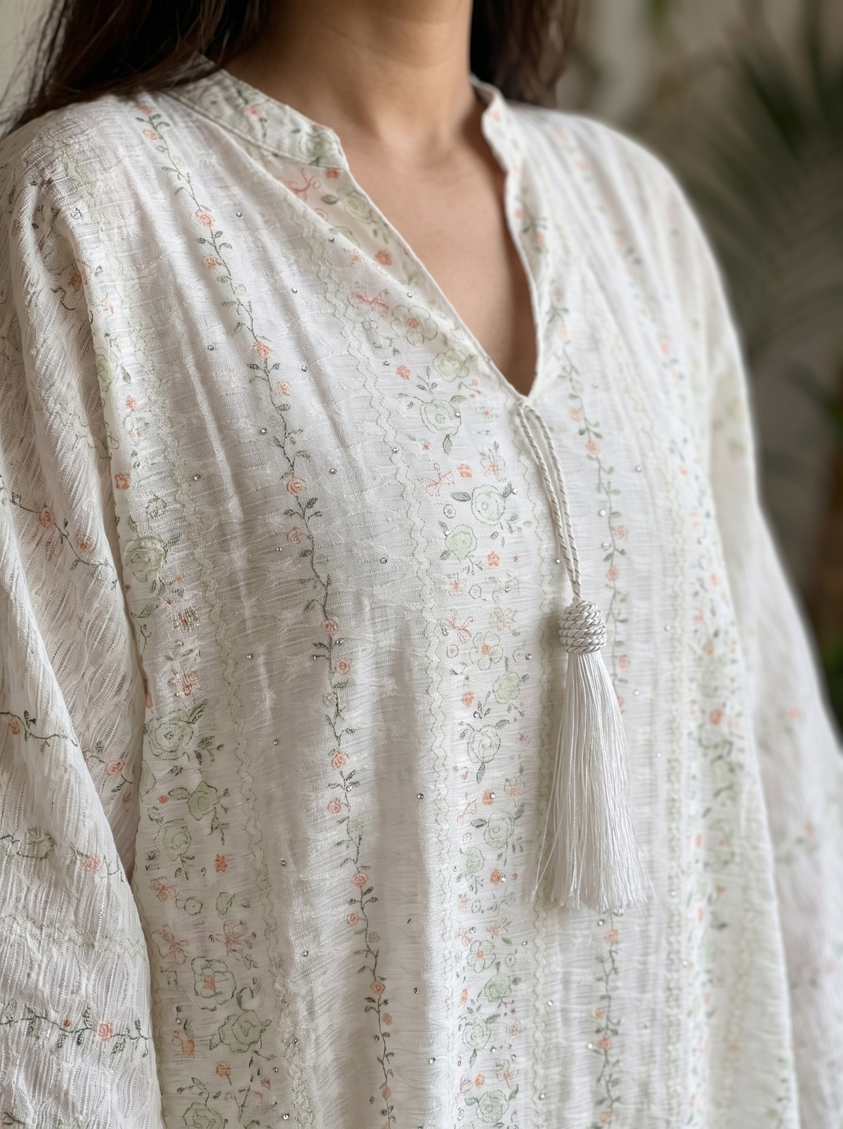 Women’s Mint Green Floral Striped Tassel-Accented Maxi Kaftan Dress – Elegant Long-Sleeve Festive Abaya