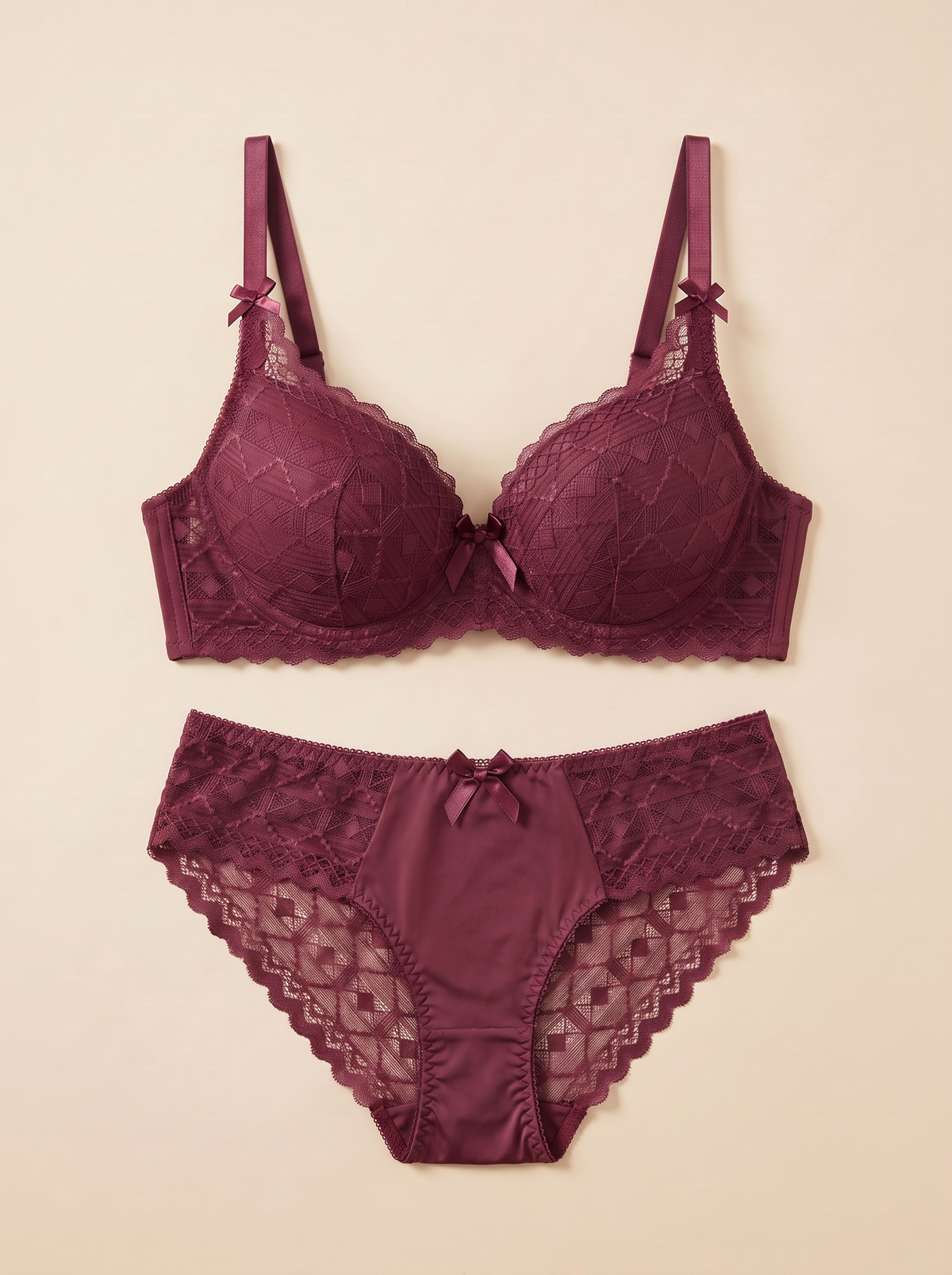 Women's Lace Underwire Bra and Matching Panty Lingerie Set – Sheer Leaf Motif Bralette & Briefs