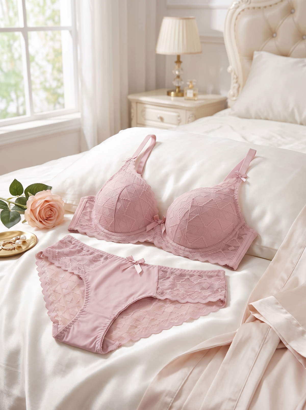 Women's Lace Underwire Bra and Matching Panty Lingerie Set – Sheer Leaf Motif Bralette & Briefs