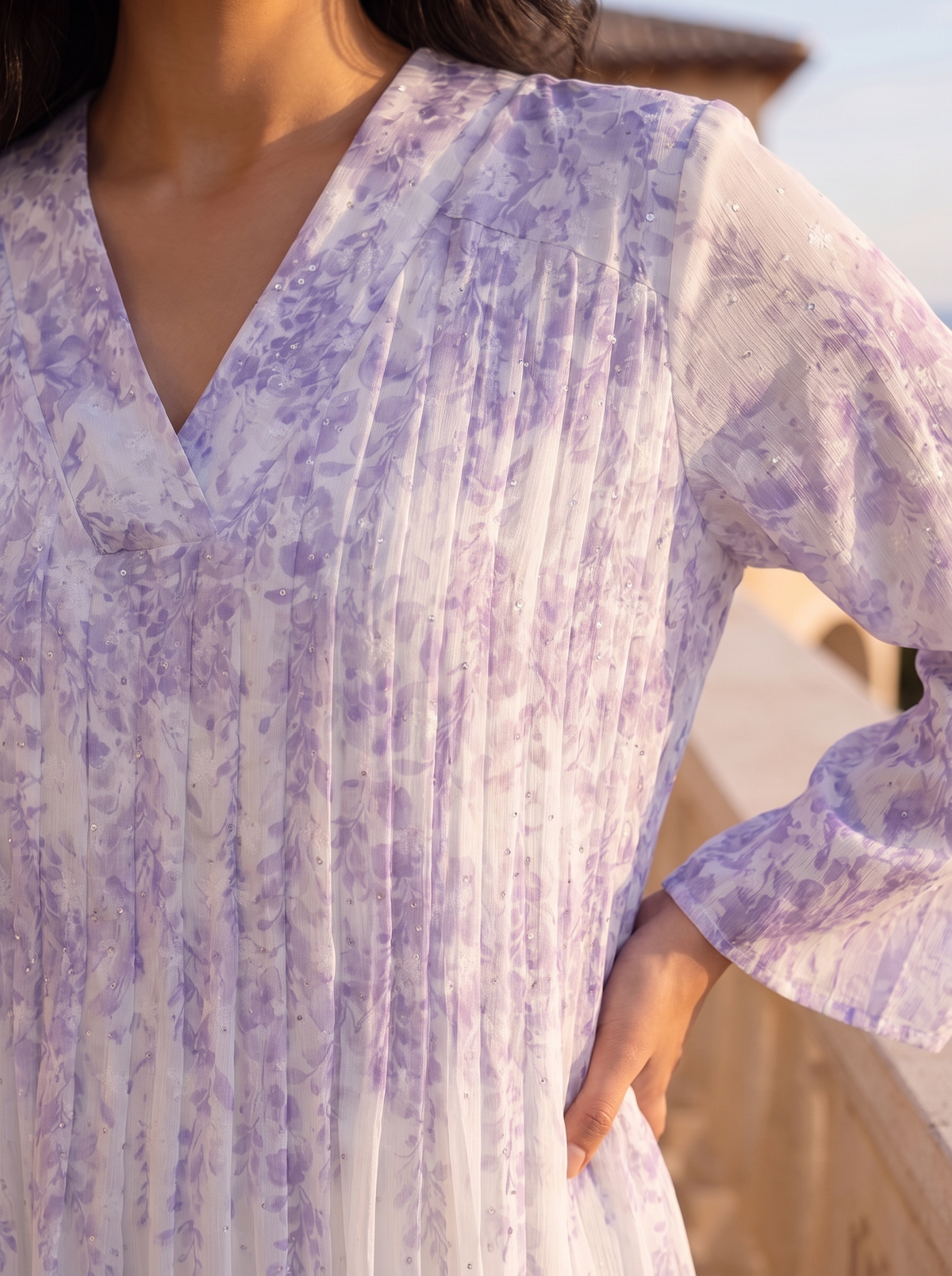 Women’s Purple Floral Pleated Maxi Kaftan Dress – Elegant Long-Sleeve Festive Abaya