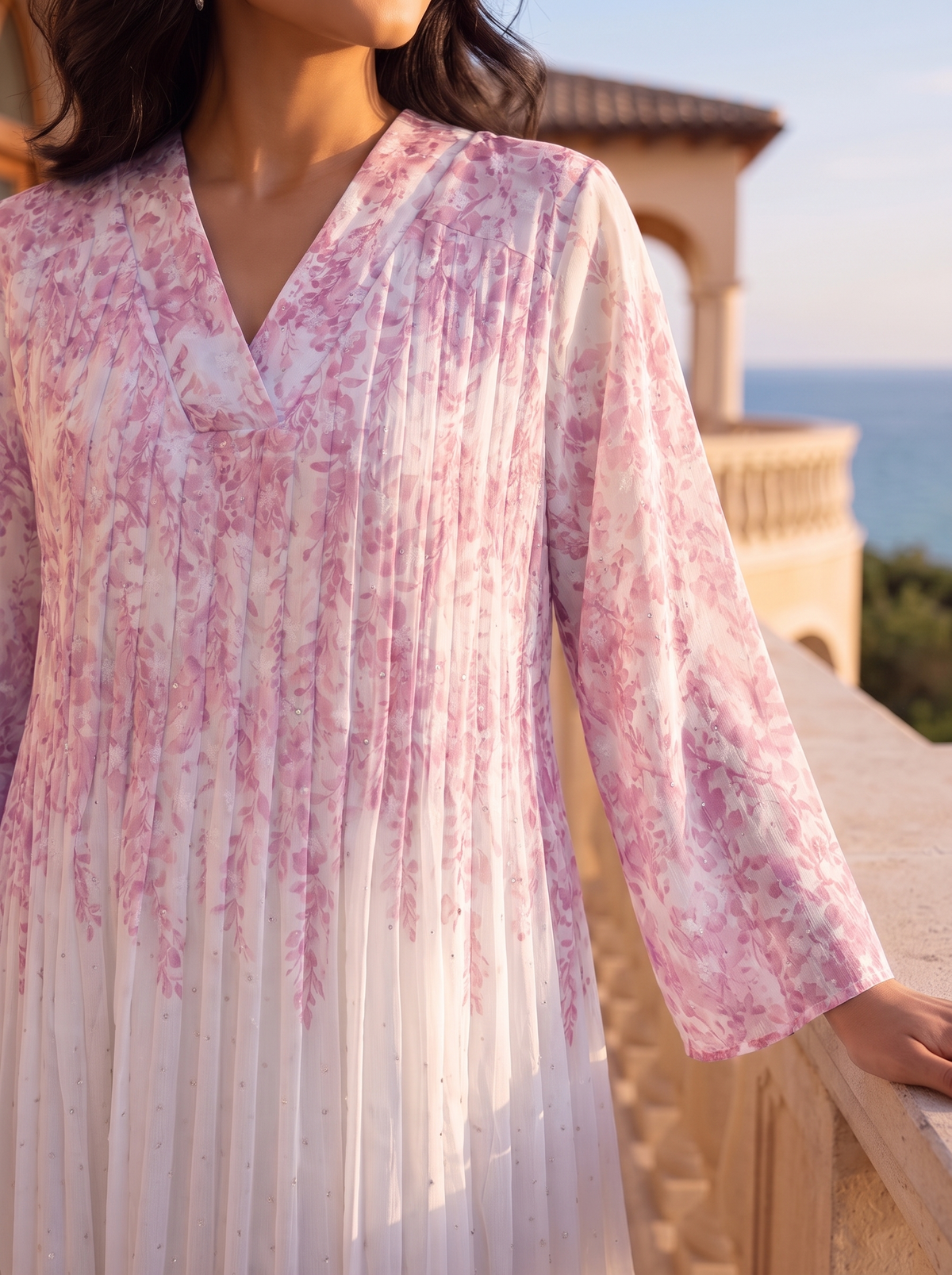 Women’s Ombré Floral Pleated Maxi Kaftan Dress – Elegant Long-Sleeve Festive Abaya