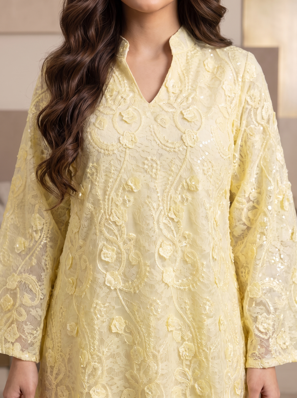 Women’s Yellow Floral Threadwork & Lace Maxi Kaftan Dress – Elegant Long-Sleeve Festive Abaya