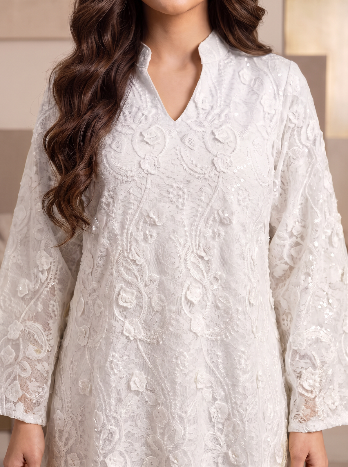 Women’s Soft White Floral Threadwork & Lace Maxi Kaftan Dress – Elegant Long-Sleeve Festive Abaya