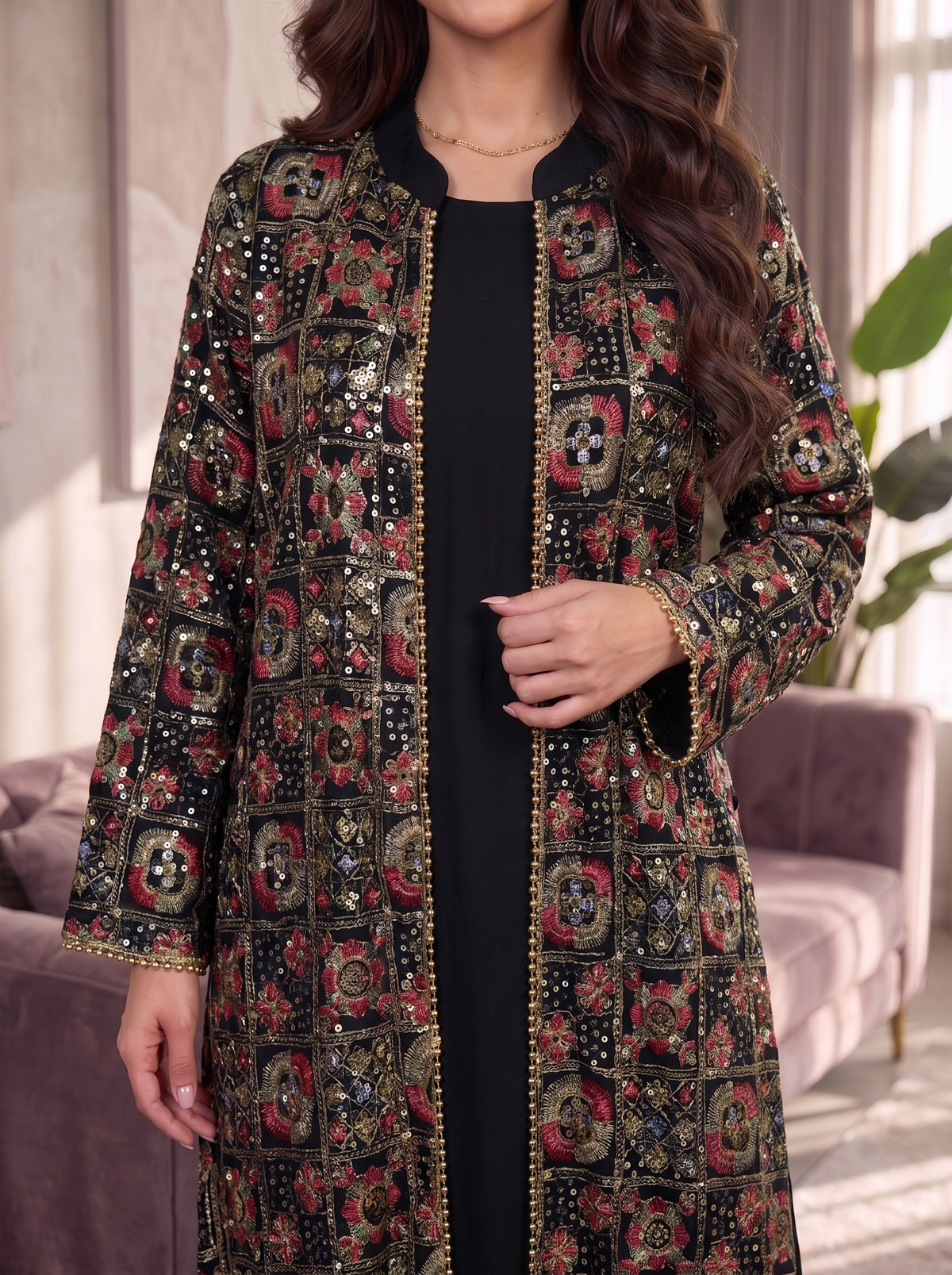 Women’s Black Layered Maxi Kaftan Dress with Patterned Overcoat – Elegant 2-Piece Festive Abaya Set