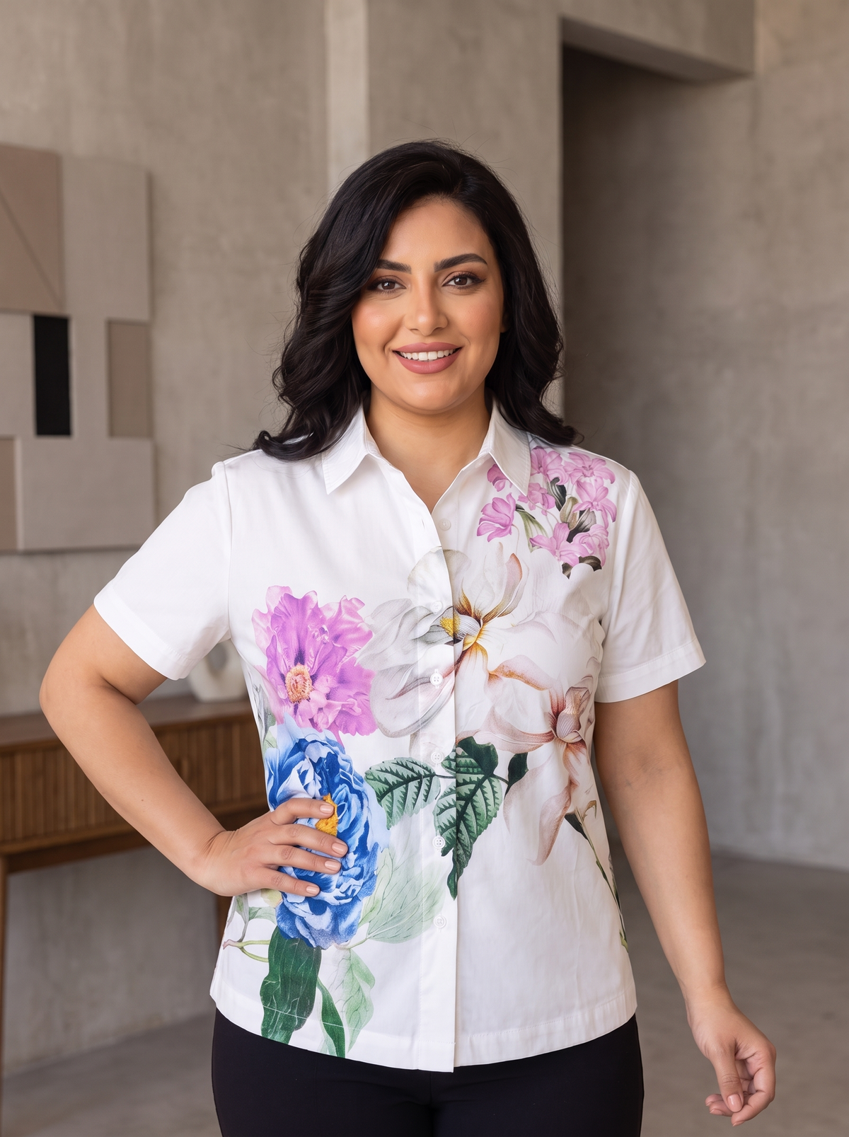 Women’s Floral Print Short-Sleeve Shirt – Casual Button-Down Summer Blouse