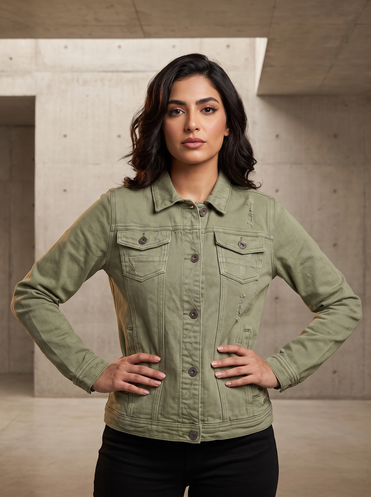 Women’s Sage Green Distressed Denim Jacket | Casual Olive Military Jean Jacket