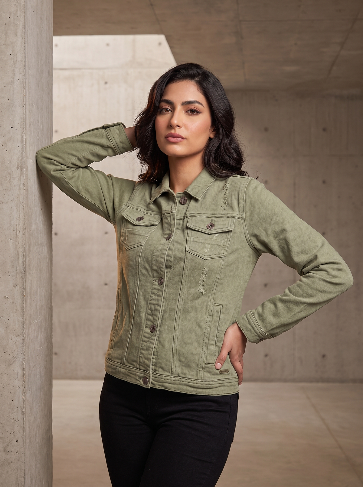 Women’s Sage Green Distressed Denim Jacket | Casual Olive Military Jean Jacket