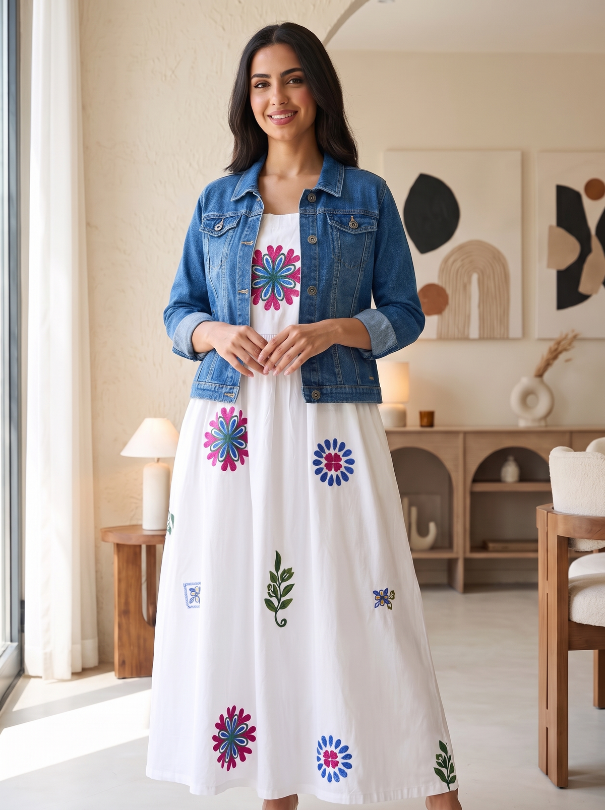 Women's White Floral Embroidered Cami Sundress, Classic Blue Denim Jacket & White Crossbody Bag Outfit Set