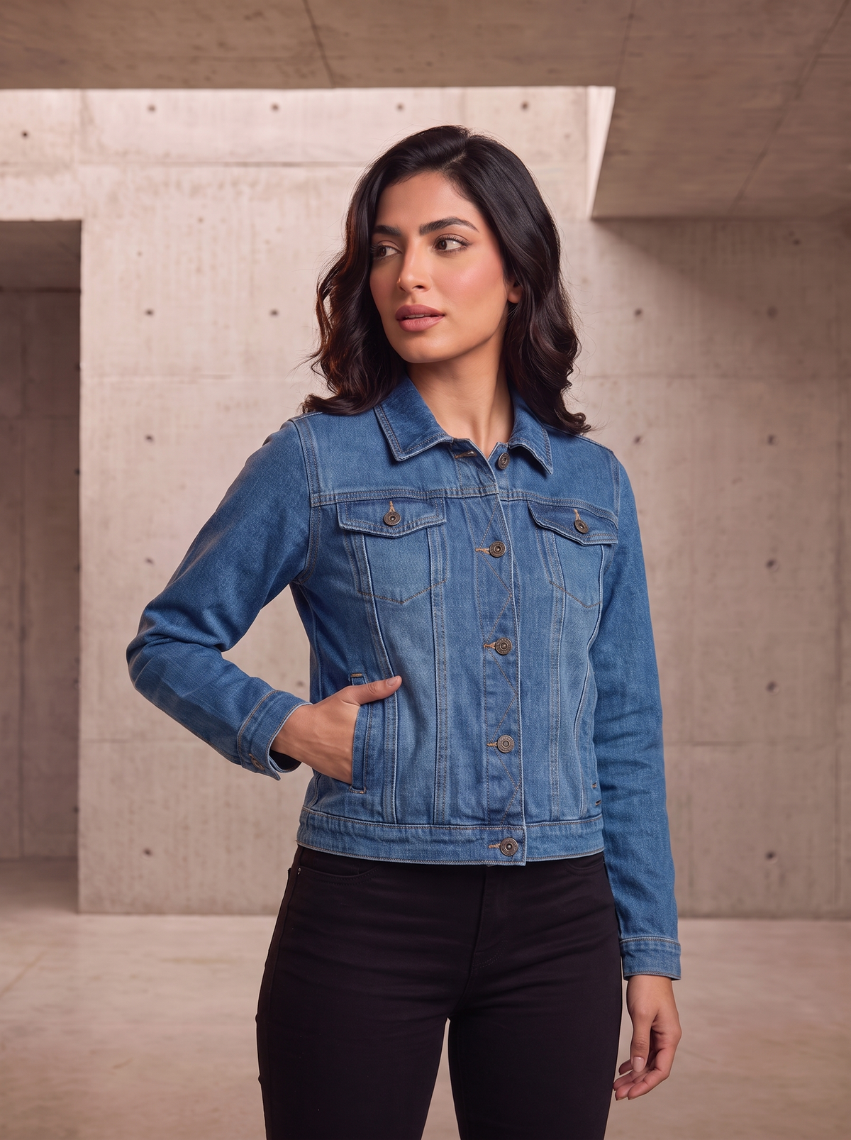 Women’s Fitted Medium Wash Denim Jacket | Casual Classic Jean Outerwear