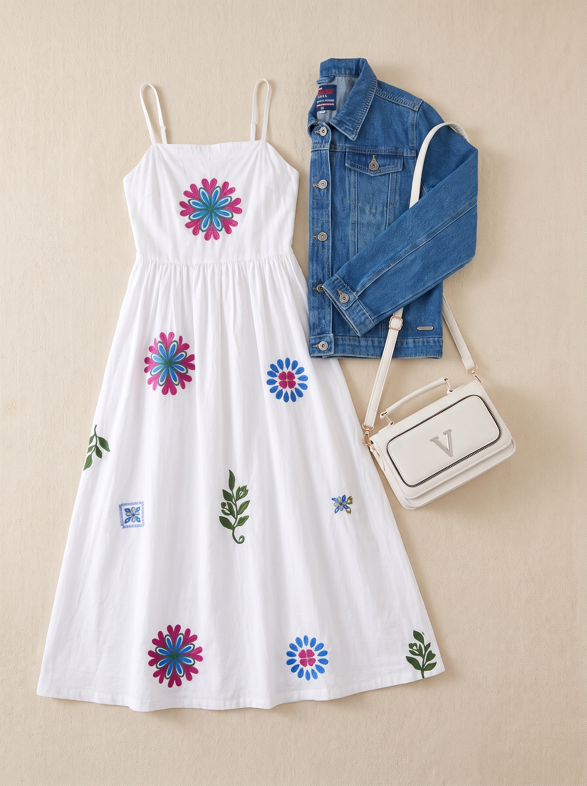 Women's White Floral Embroidered Cami Sundress, Classic Blue Denim Jacket & White Crossbody Bag Outfit Set