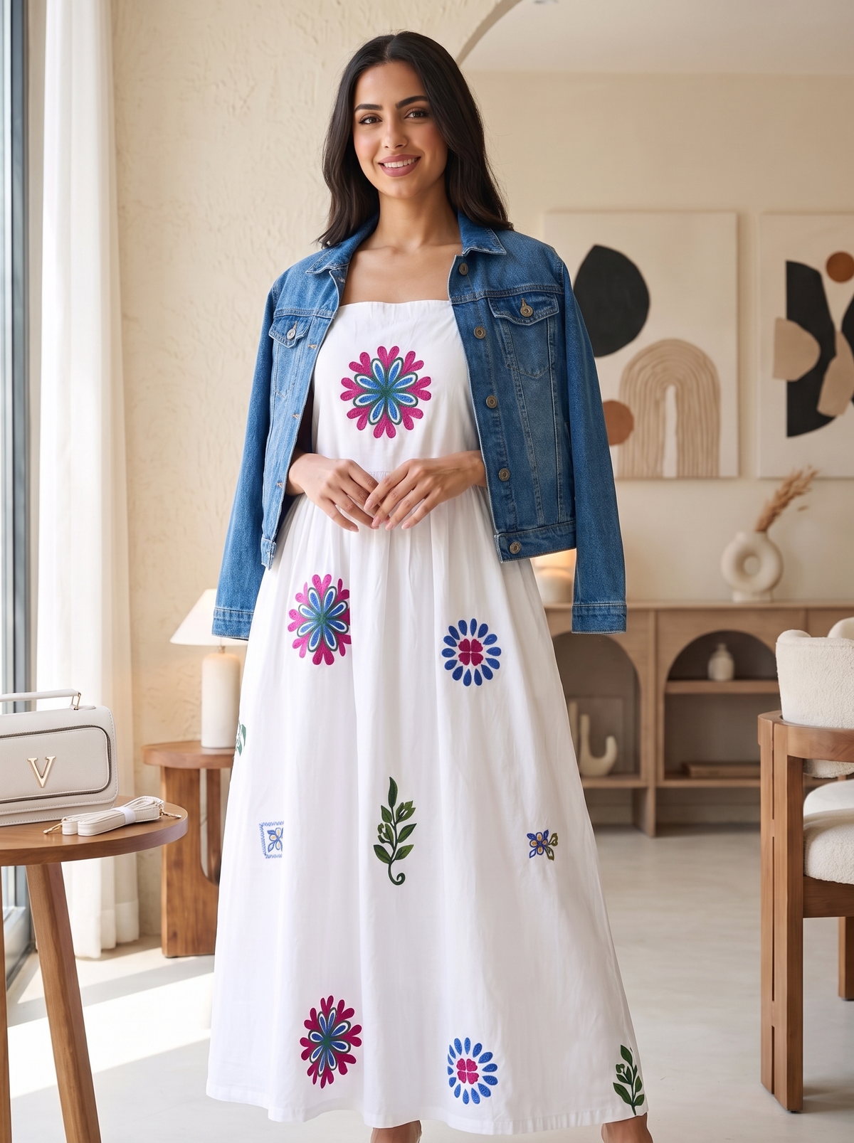 Women's White Floral Embroidered Cami Sundress, Classic Blue Denim Jacket & White Crossbody Bag Outfit Set