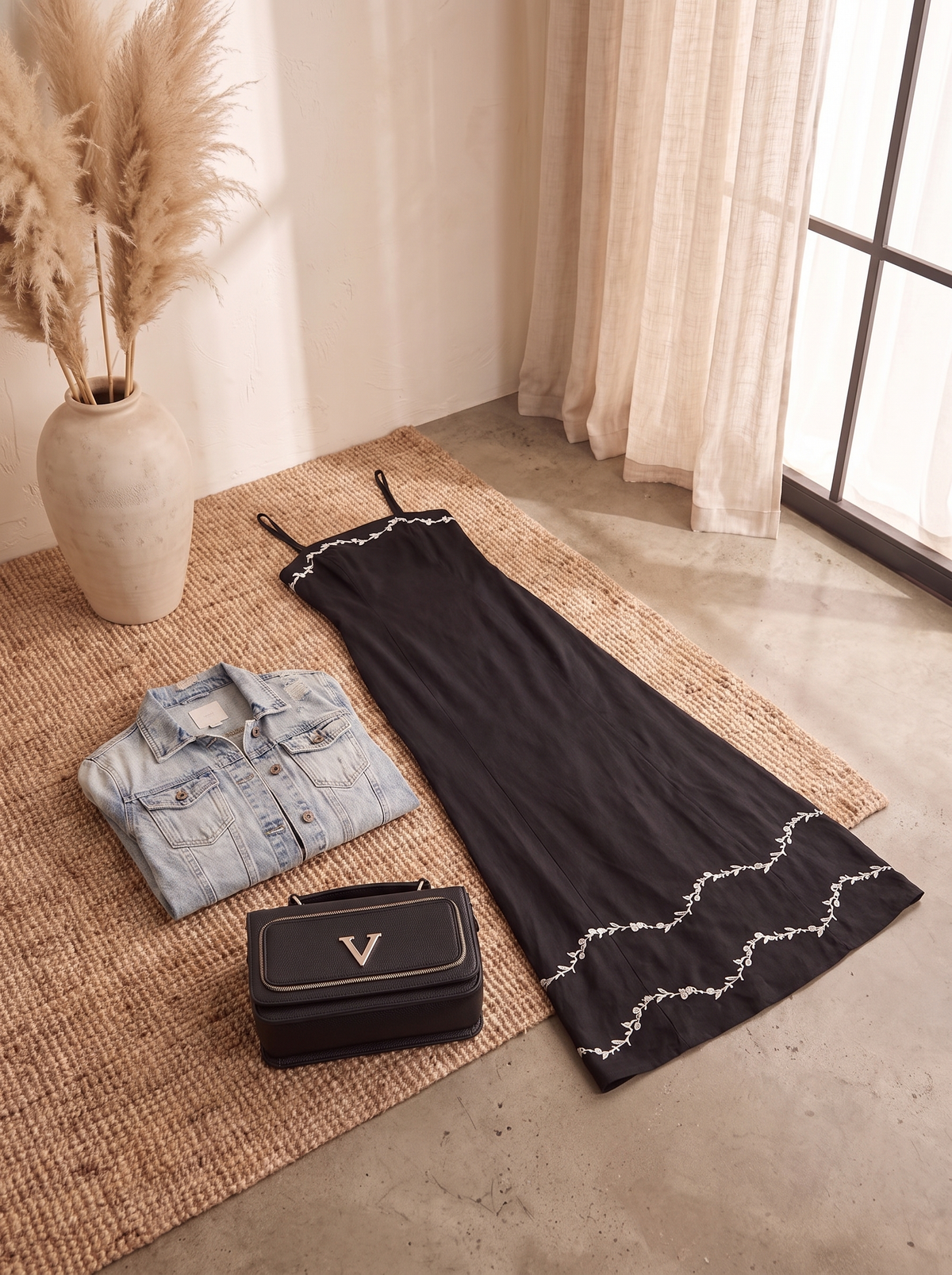 Women's Black Floral Embroidered Cami Maxi Dress, Light Wash Distressed Denim Jacket & Black Crossbody Bag Outfit Set