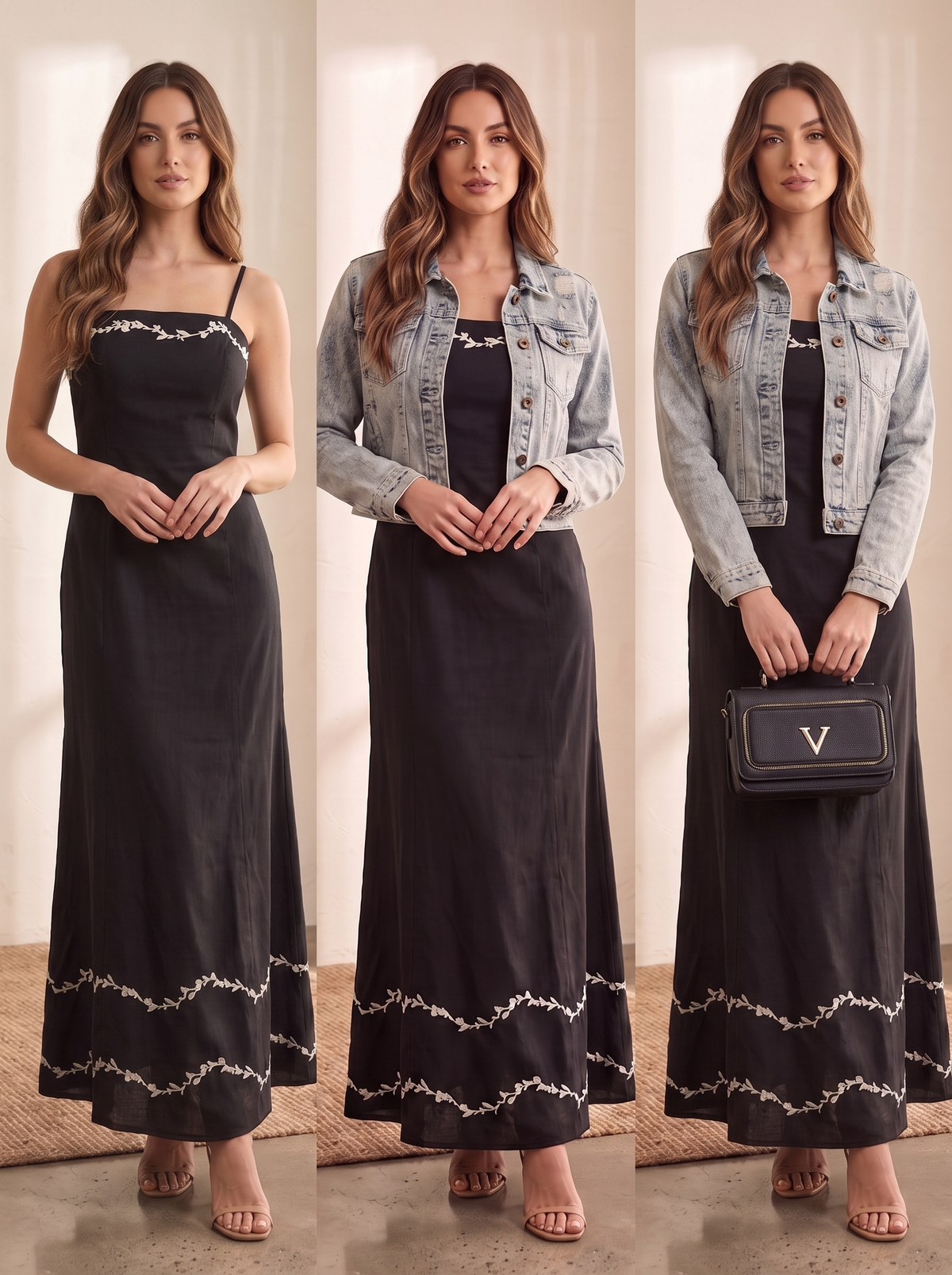 Women's Black Floral Embroidered Cami Maxi Dress, Light Wash Distressed Denim Jacket & Black Crossbody Bag Outfit Set