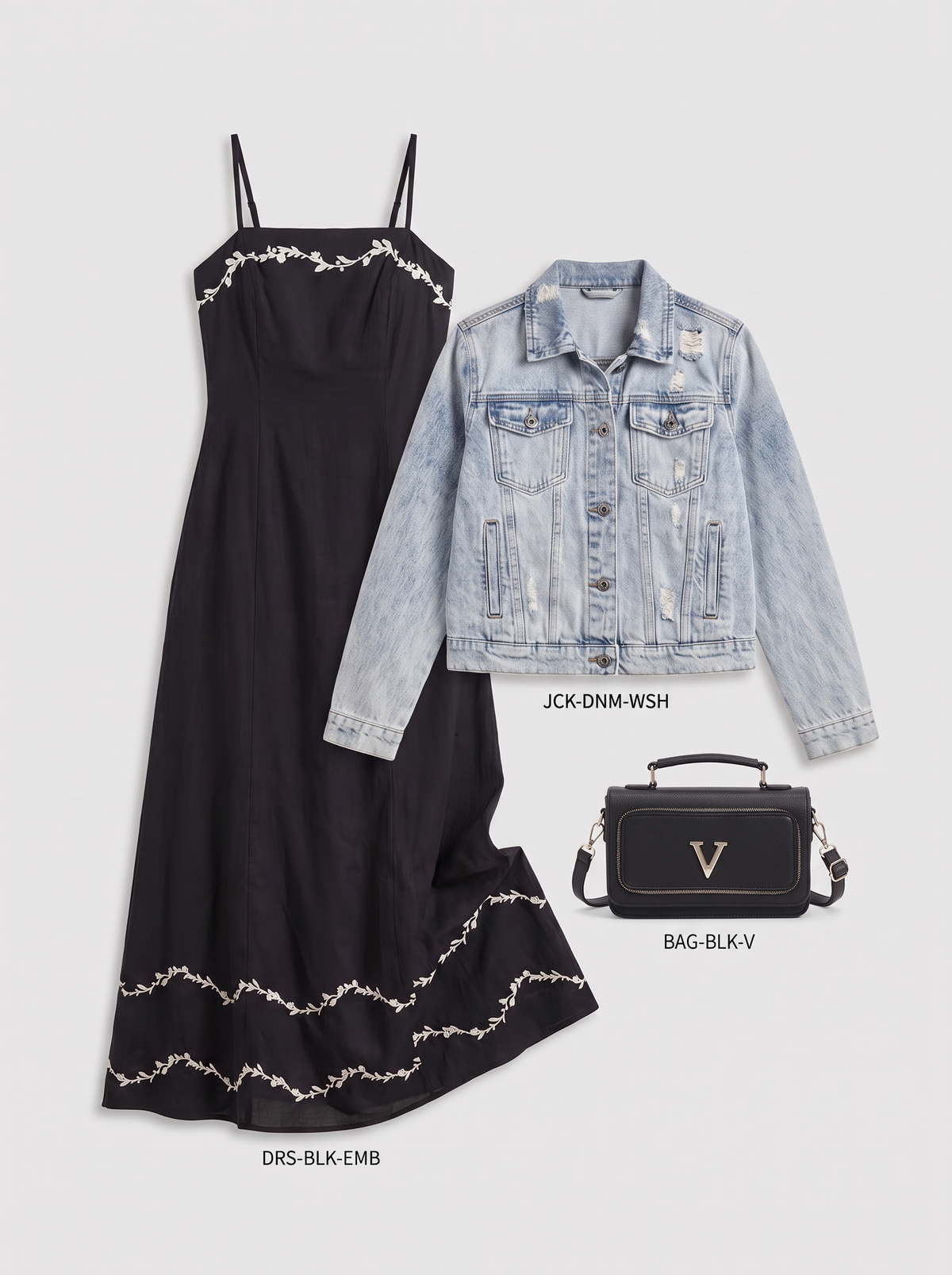 Women's Black Floral Embroidered Cami Maxi Dress, Light Wash Distressed Denim Jacket & Black Crossbody Bag Outfit Set