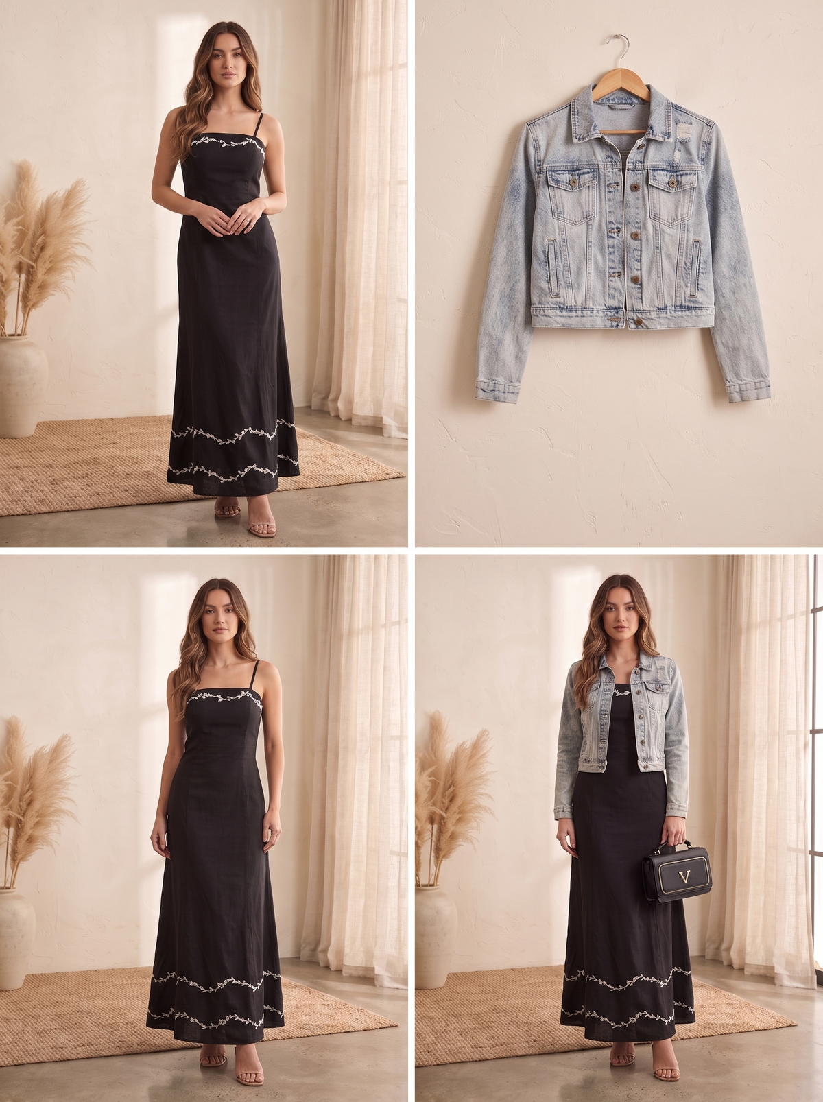 Women's Black Floral Embroidered Cami Maxi Dress, Light Wash Distressed Denim Jacket & Black Crossbody Bag Outfit Set