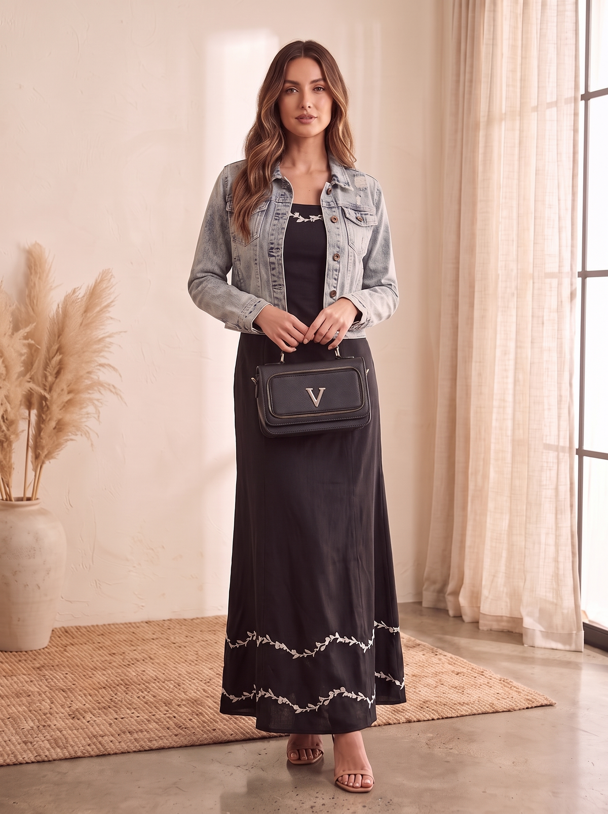 Women's Black Floral Embroidered Cami Maxi Dress, Light Wash Distressed Denim Jacket & Black Crossbody Bag Outfit Set