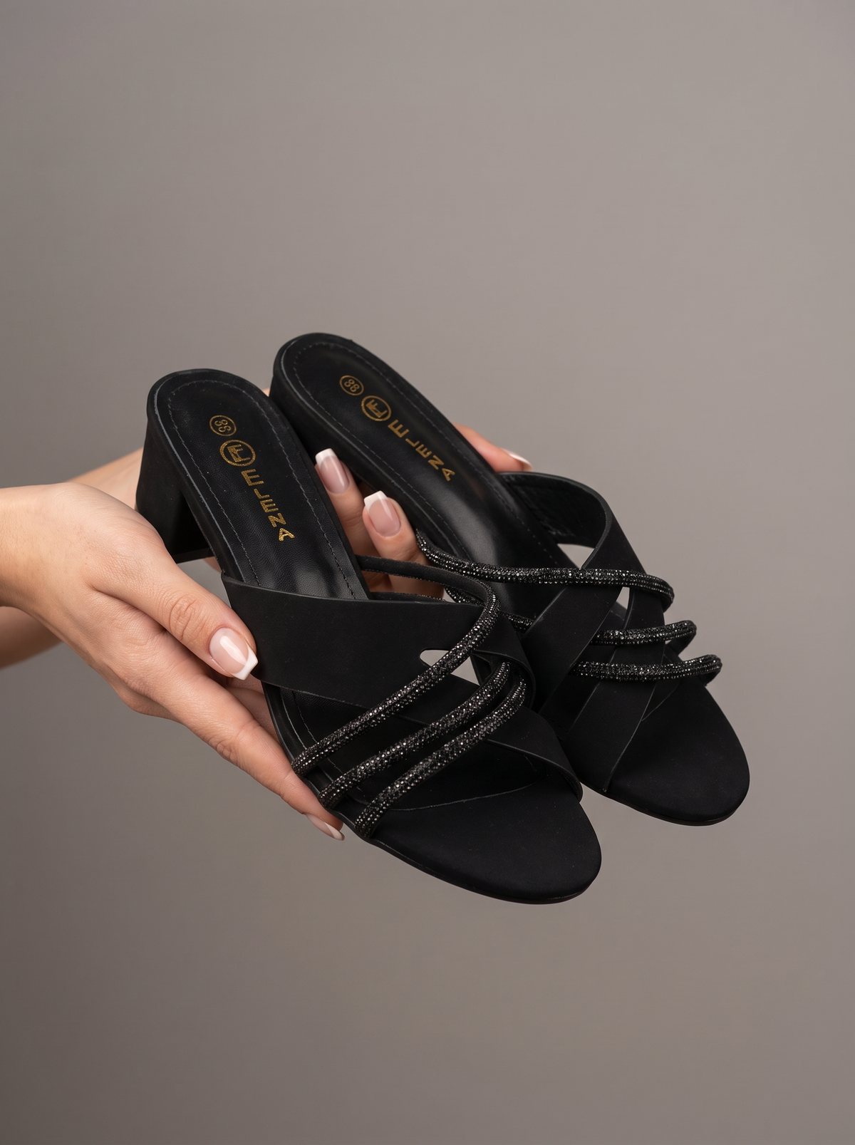Women’s Rhinestone Strappy Heeled Mules – Elegant Open-Toe Party Sandals with Block Heel