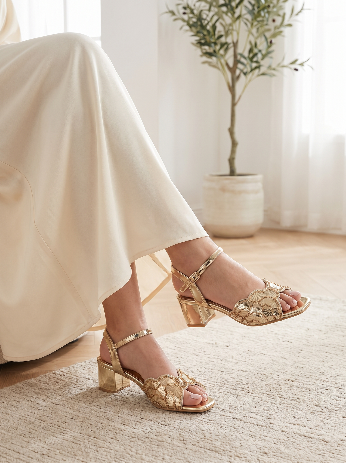 Women’s Beaded Scalloped Ankle-Strap Heeled Sandals – Elegant Open-Toe Party Shoes with Block Heel