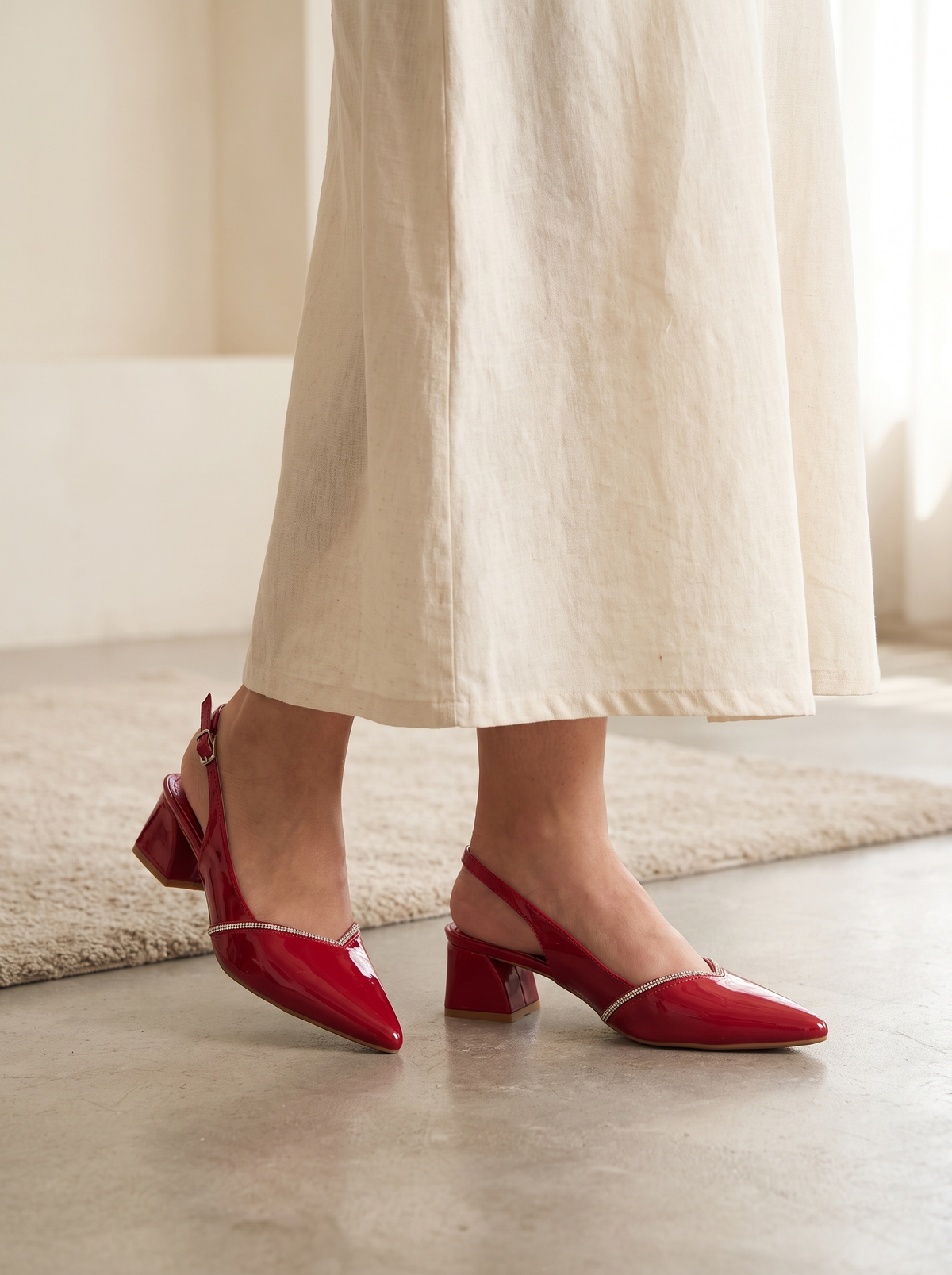 Women’s Pointed-Toe Rhinestone-Trim Slingback Heels – Elegant Block Heel Dress Pumps