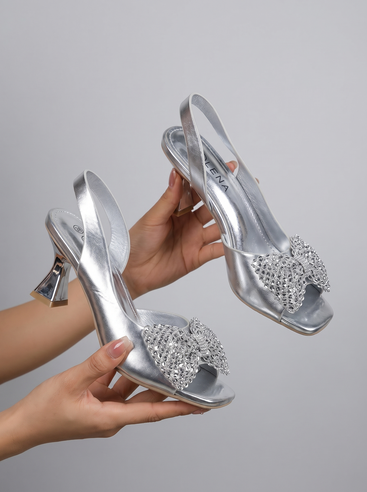 Women’s Open-Toe Rhinestone Bow Slingback Heels – Glamorous Metallic & Patent Dress Sandals
