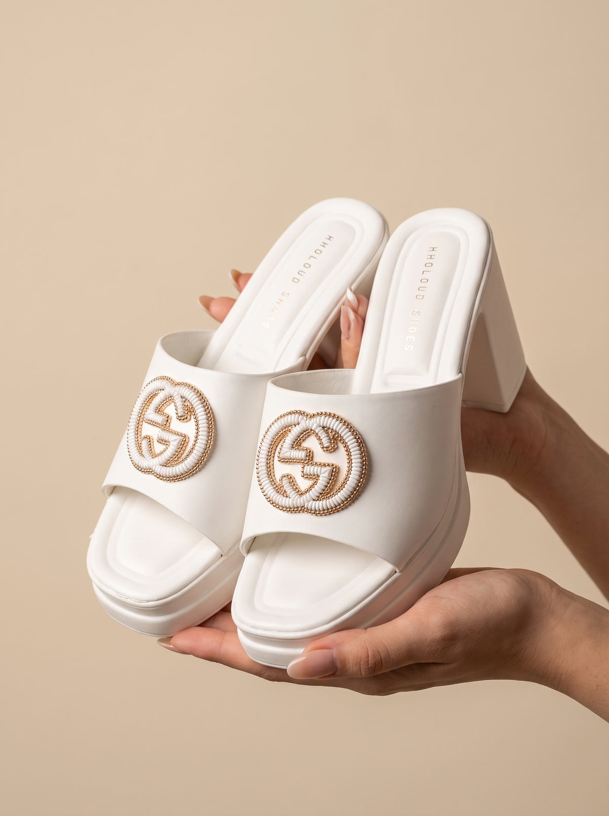 Women’s Black Platform Heeled Mules – Chic Open-Toe Slides with Embellished Logo Accent