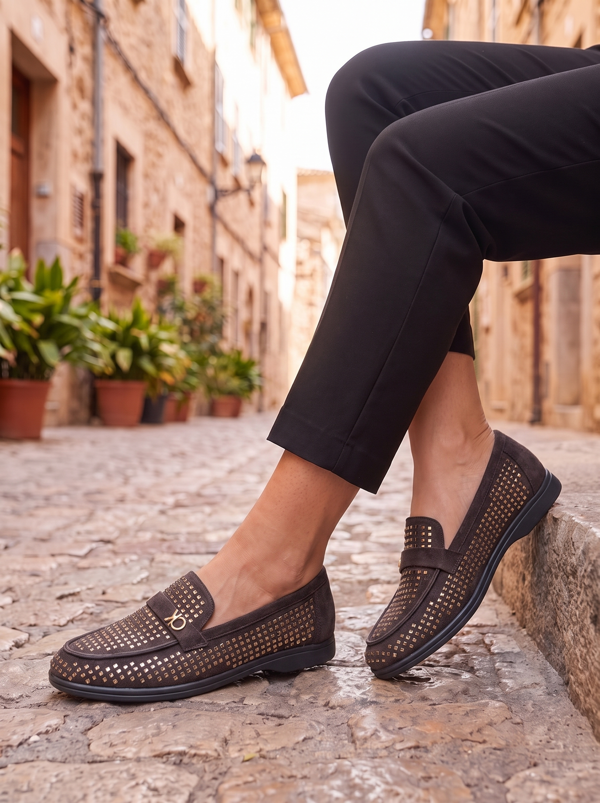 Women's Studded Suede Penny Loafers - Embellished Flat Slip-On Shoes