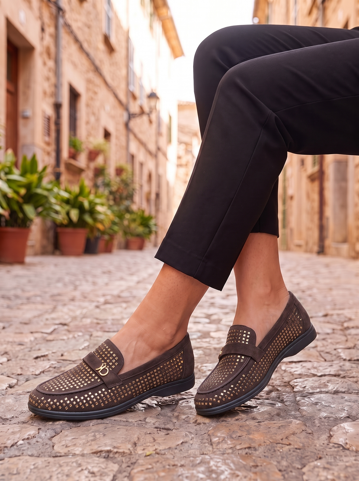 Women's Studded Suede Penny Loafers - Embellished Flat Slip-On Shoes