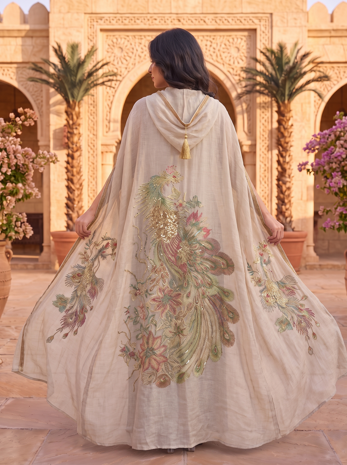 Peacock Embroidered Hooded Cape Abaya with Inner Dress | 2-Piece Luxury Modest Set