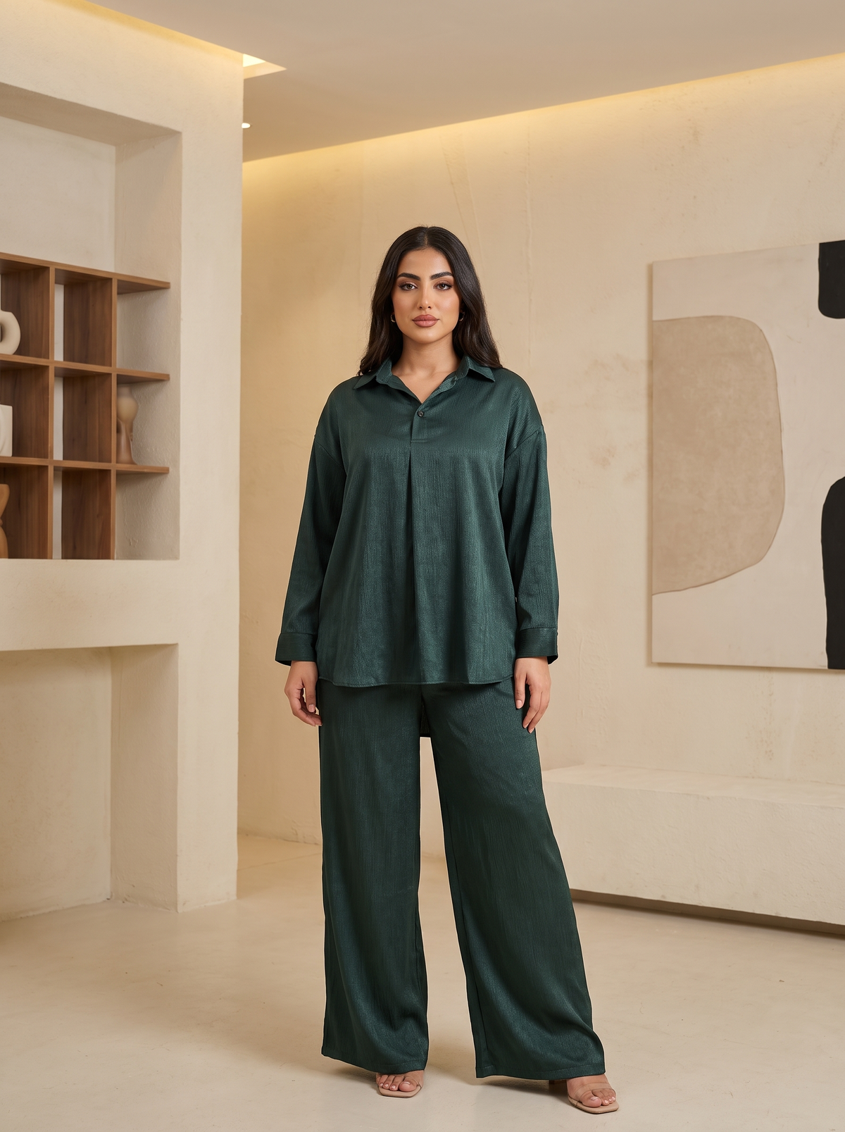 Women’s Textured Satin Two-Piece Co-Ord Set – Loose-Fit Long-Sleeve Tunic Top & Wide-Leg loose-Trousers
